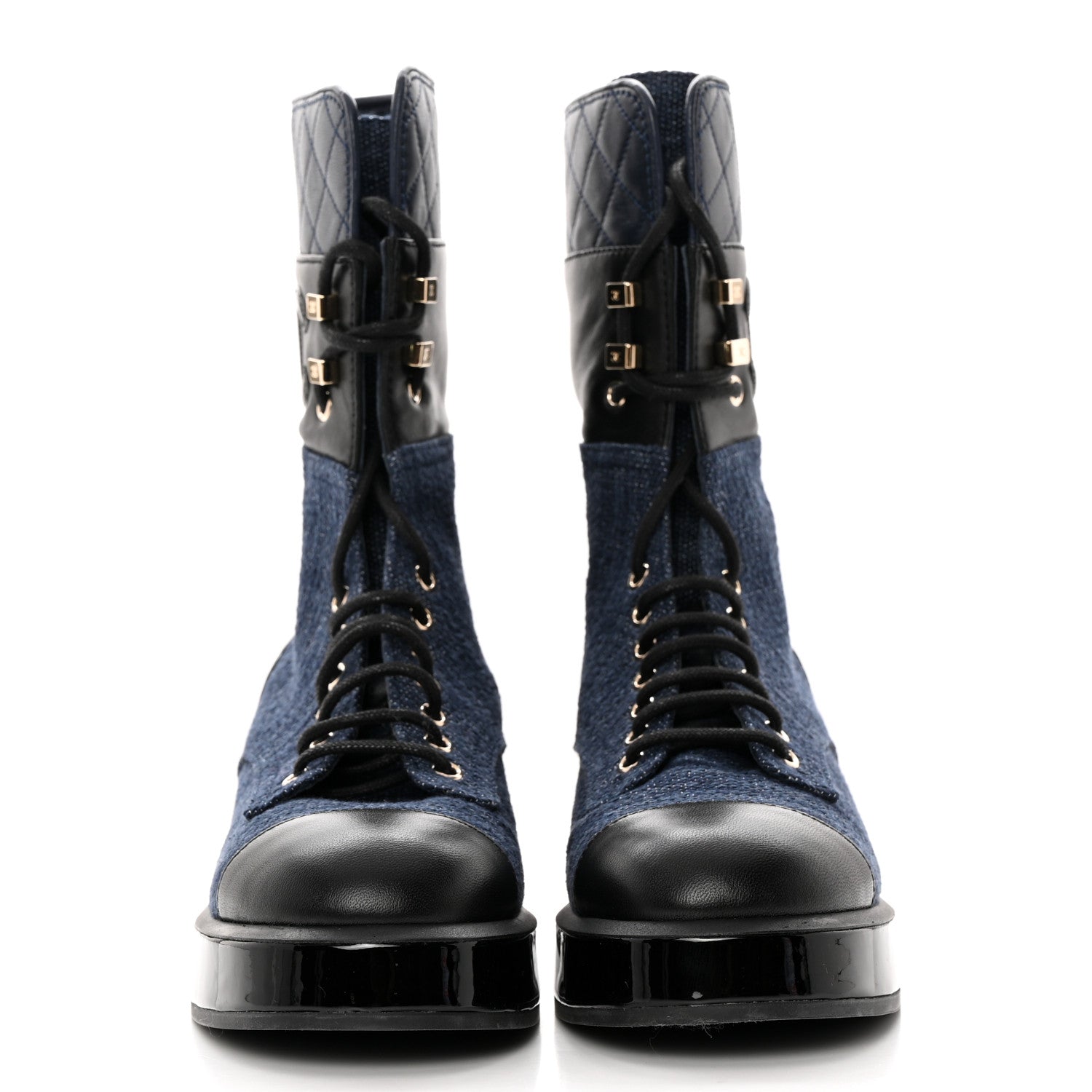 Chanel Denim Patent Lambskin Quilted CC Lace Up Combat Boots 36 Blue Black 2 of 11
