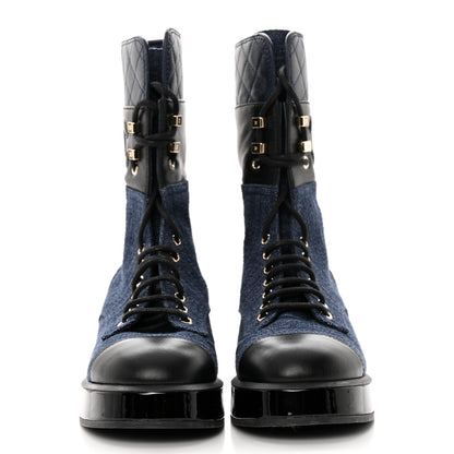 Chanel Denim Patent Lambskin Quilted CC Lace Up Combat Boots 36 Blue Black 2 of 11