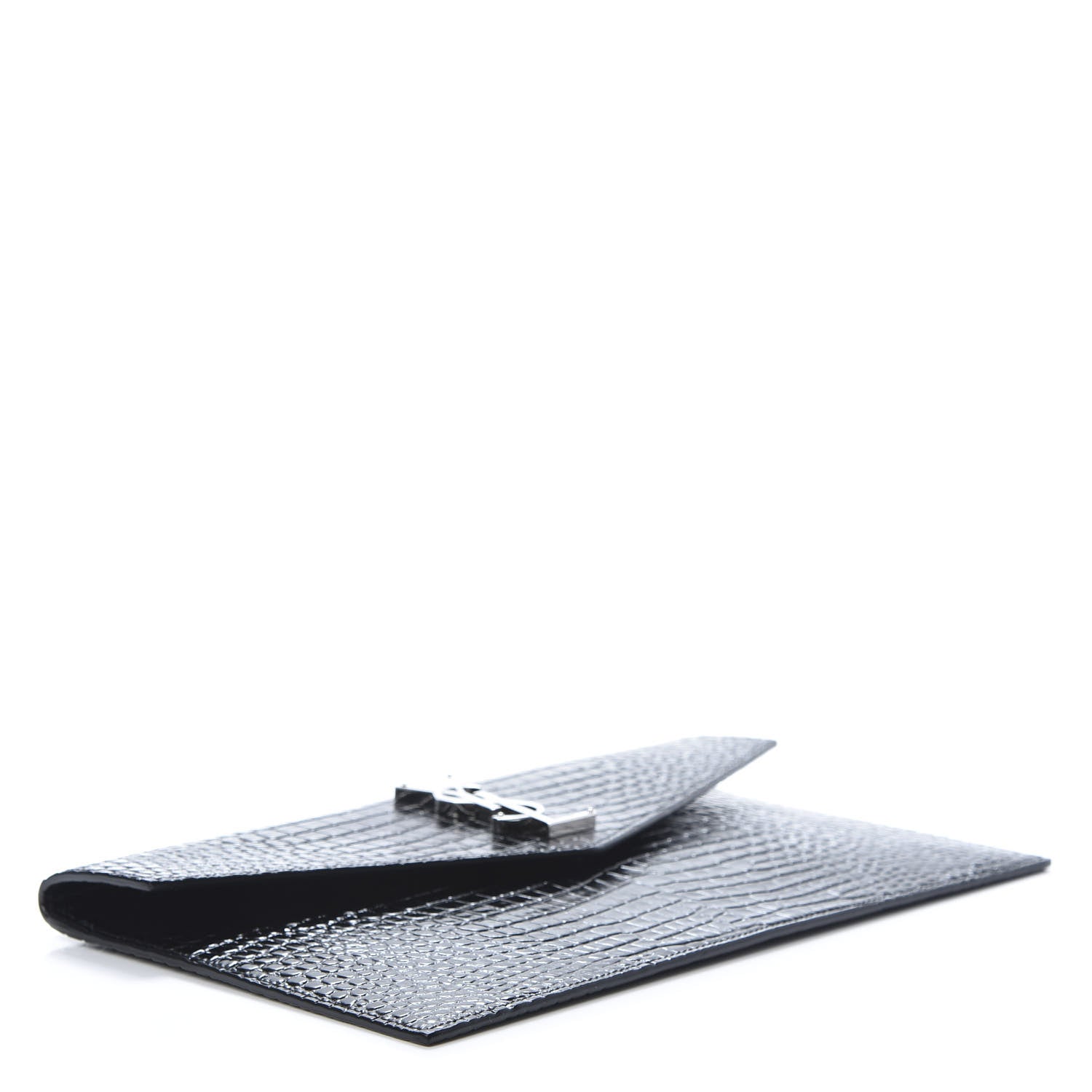 Saint Laurent Calfskin Crocodile Embossed Uptown Monogram Clutch Black 4 of 8