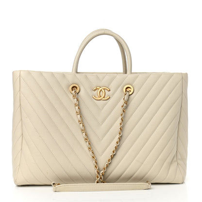Chanel Caviar Chevron Quilted Coco Handle Shopping Tote Ivory 3 of 14