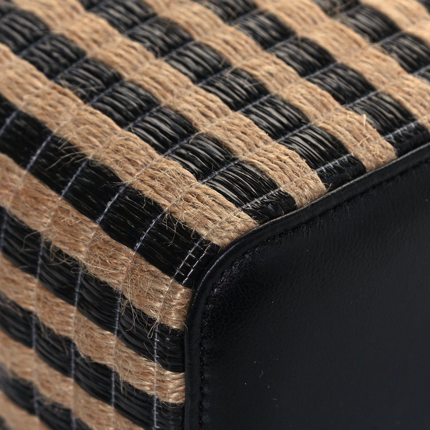Raffia Jute Striped Small Vanity Case With Chain Black Beige