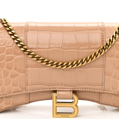 Balenciaga Shiny Calfskin Crocodile Embossed Hourglass Chain Bag Nude Beige 7 of 13