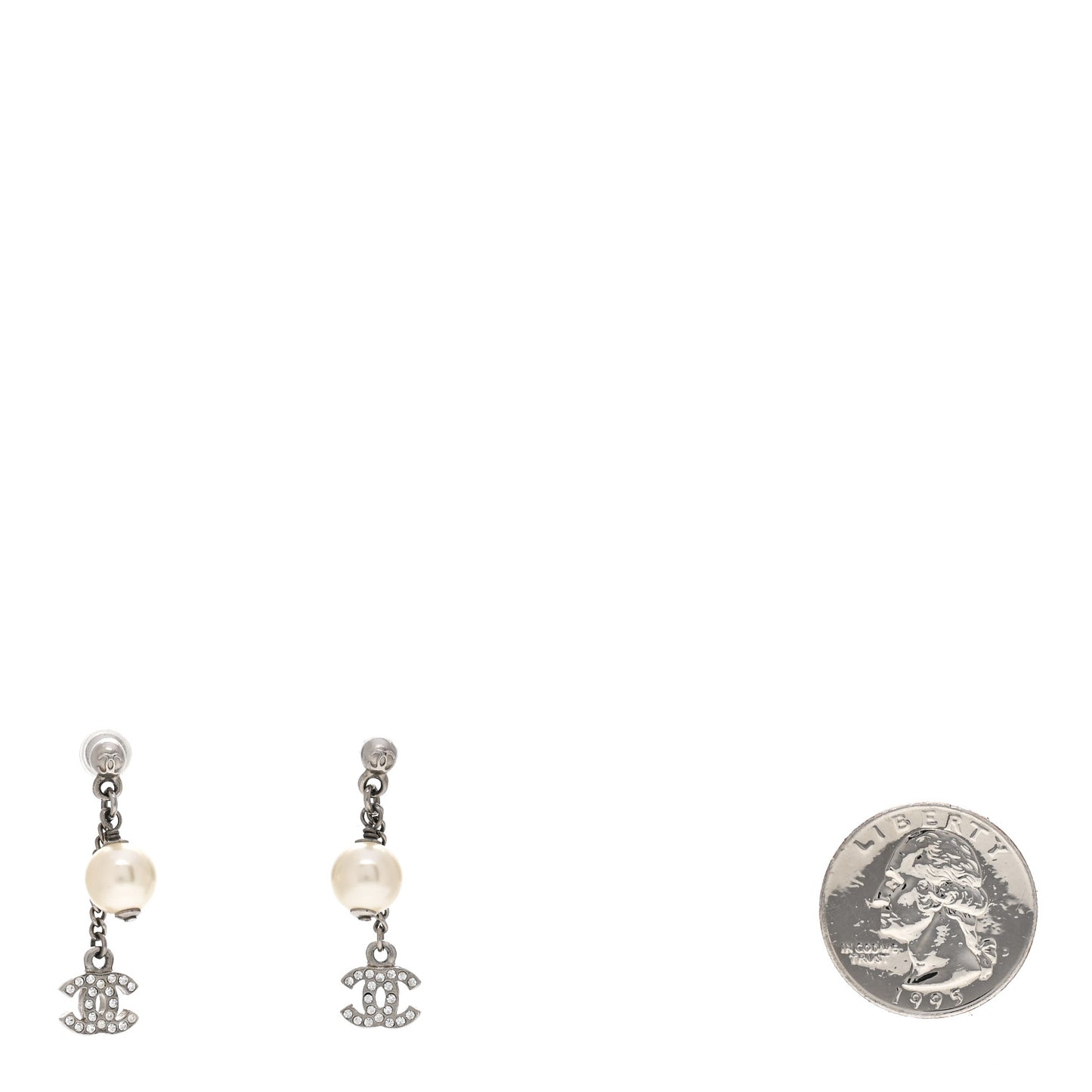 Crystal Pearl CC Drop Chain Earrings Silver