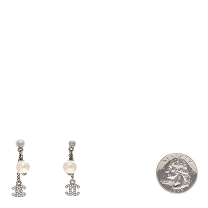 Chanel Crystal Pearl CC Drop Chain Earrings Silver 2 of 3