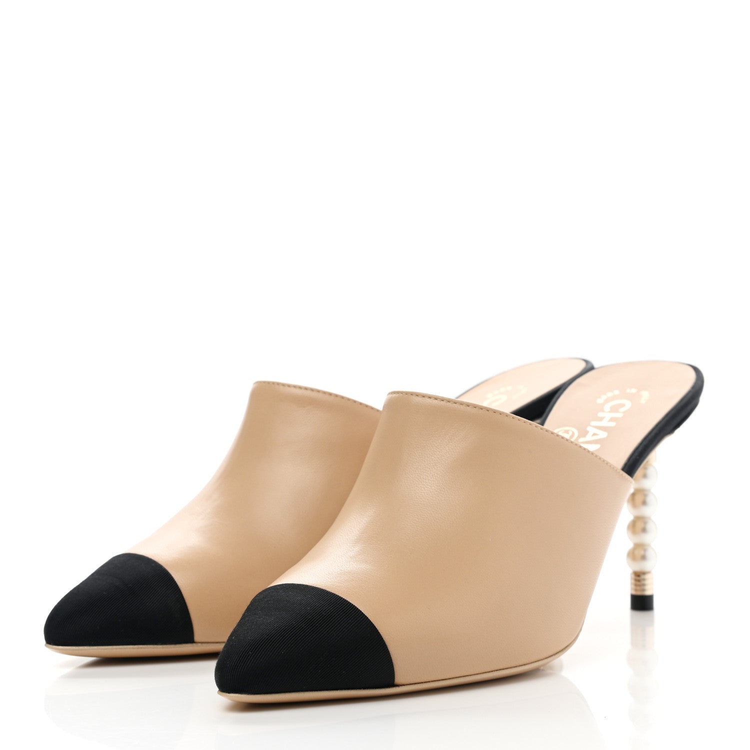 Chanel Lambskin Grosgrain Cap Toe Pearl Mule 37.5 Beige Black 3 of 9