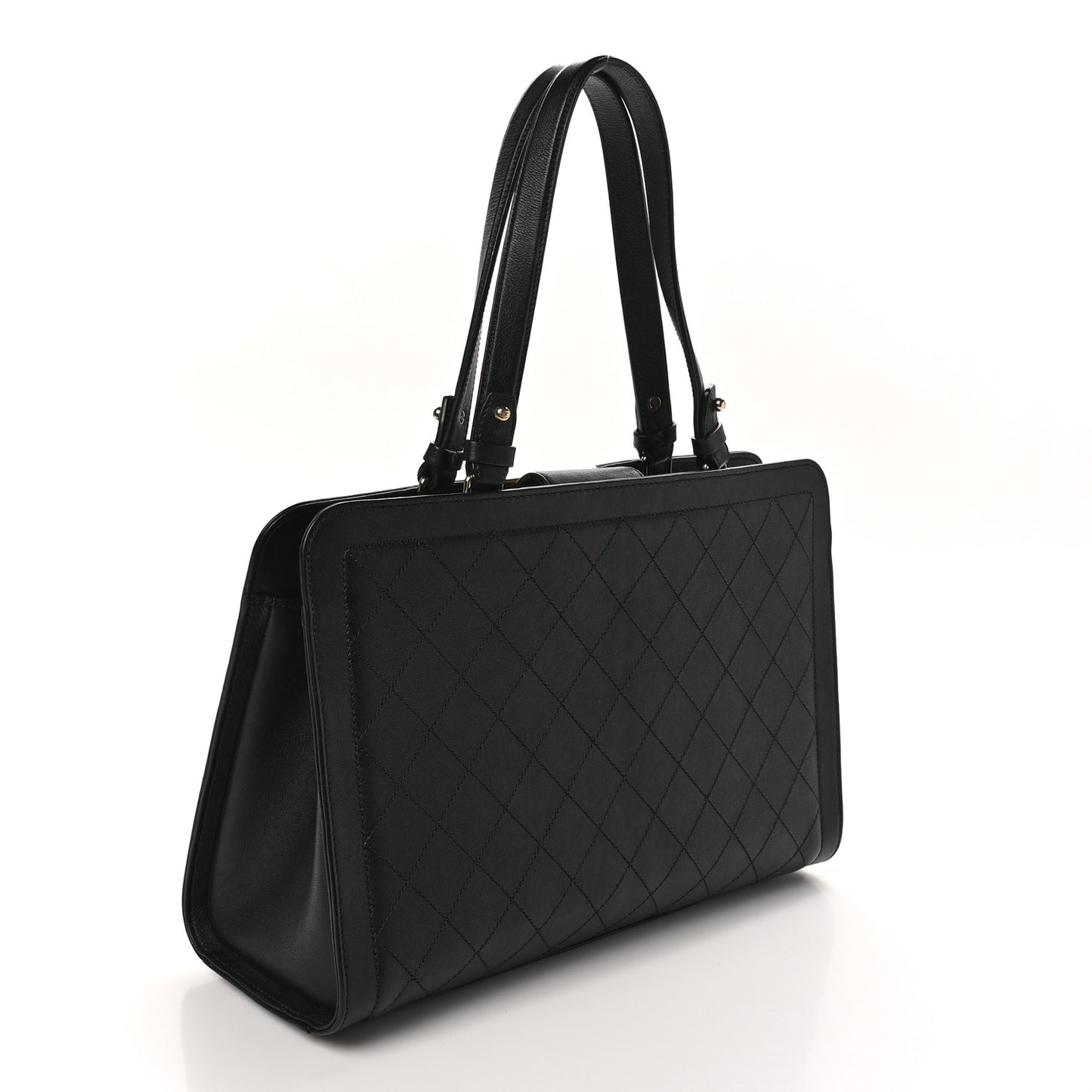 Grained Calfskin Stitched Large Label Click Shopper Tote Black