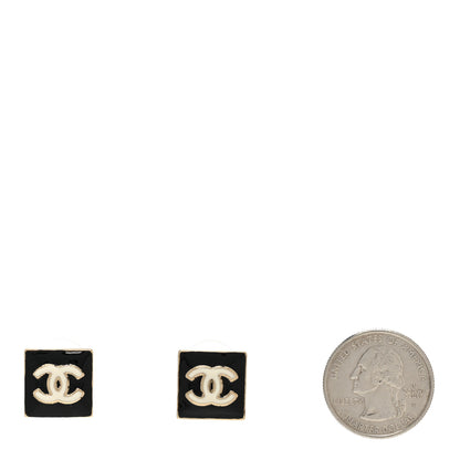 Chanel Metal Enamel CC Square Earrings Gold Black White 2 of 5