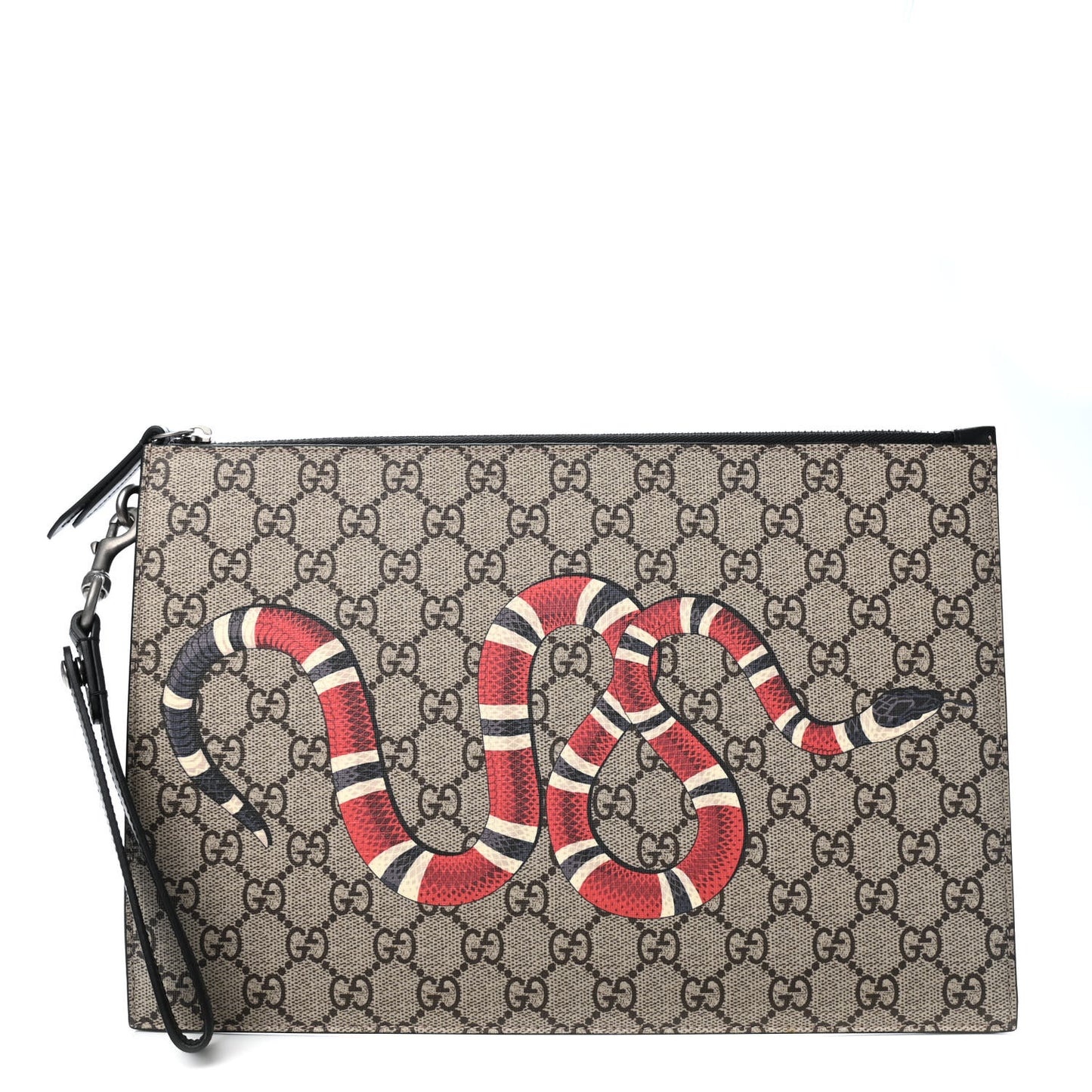 GG Supreme Monogram Kingsnake Zip Wristlet Pouch Beige Black