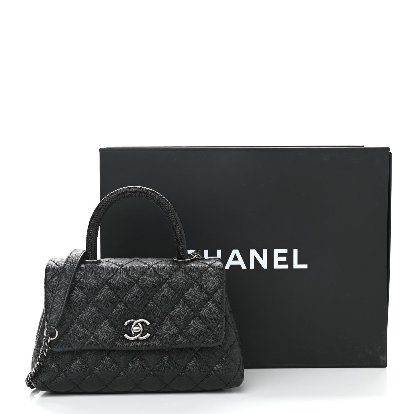 Caviar Lizard Embossed Quilted Mini Coco Handle Flap Black