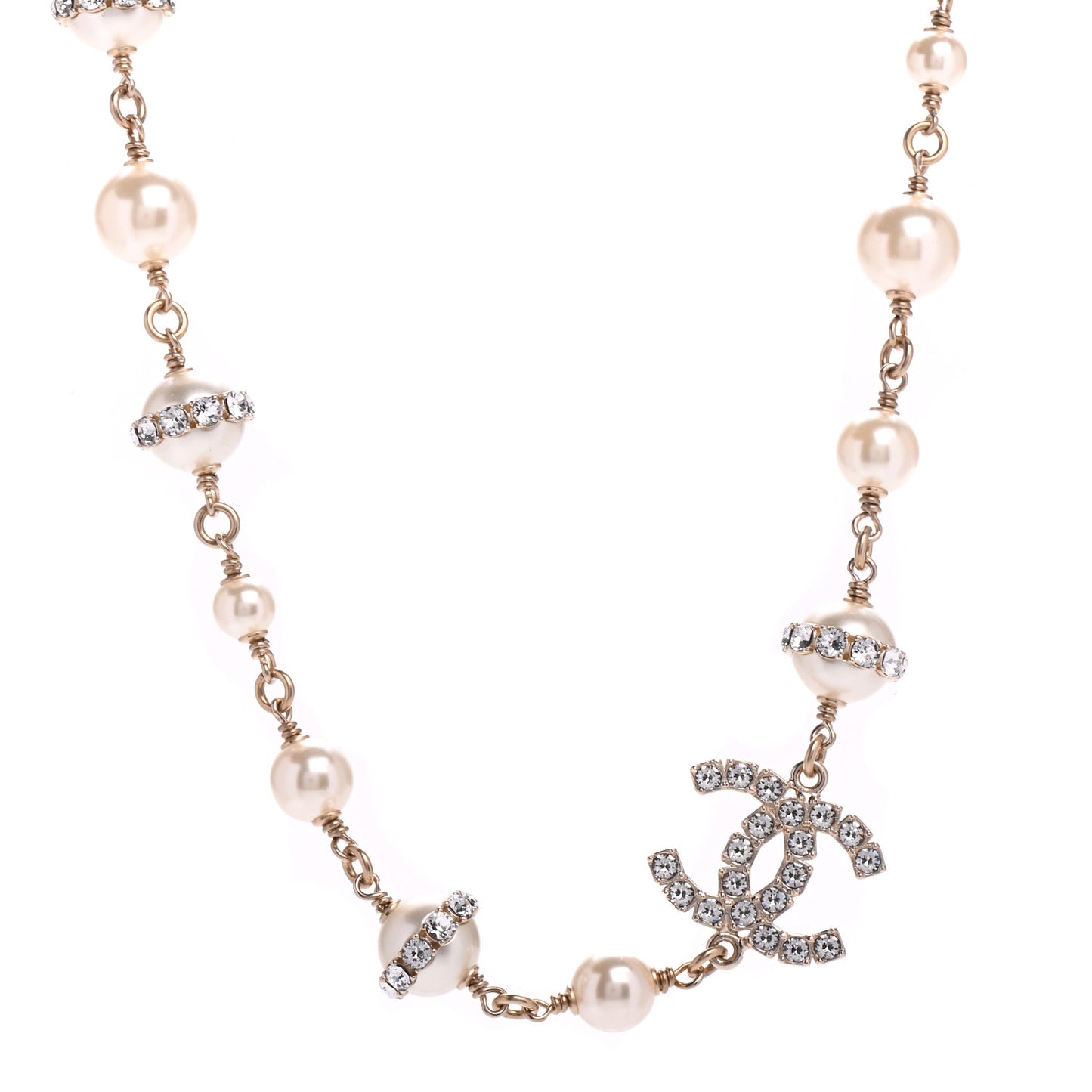 Crystal Pearl CC Long Necklace Gold