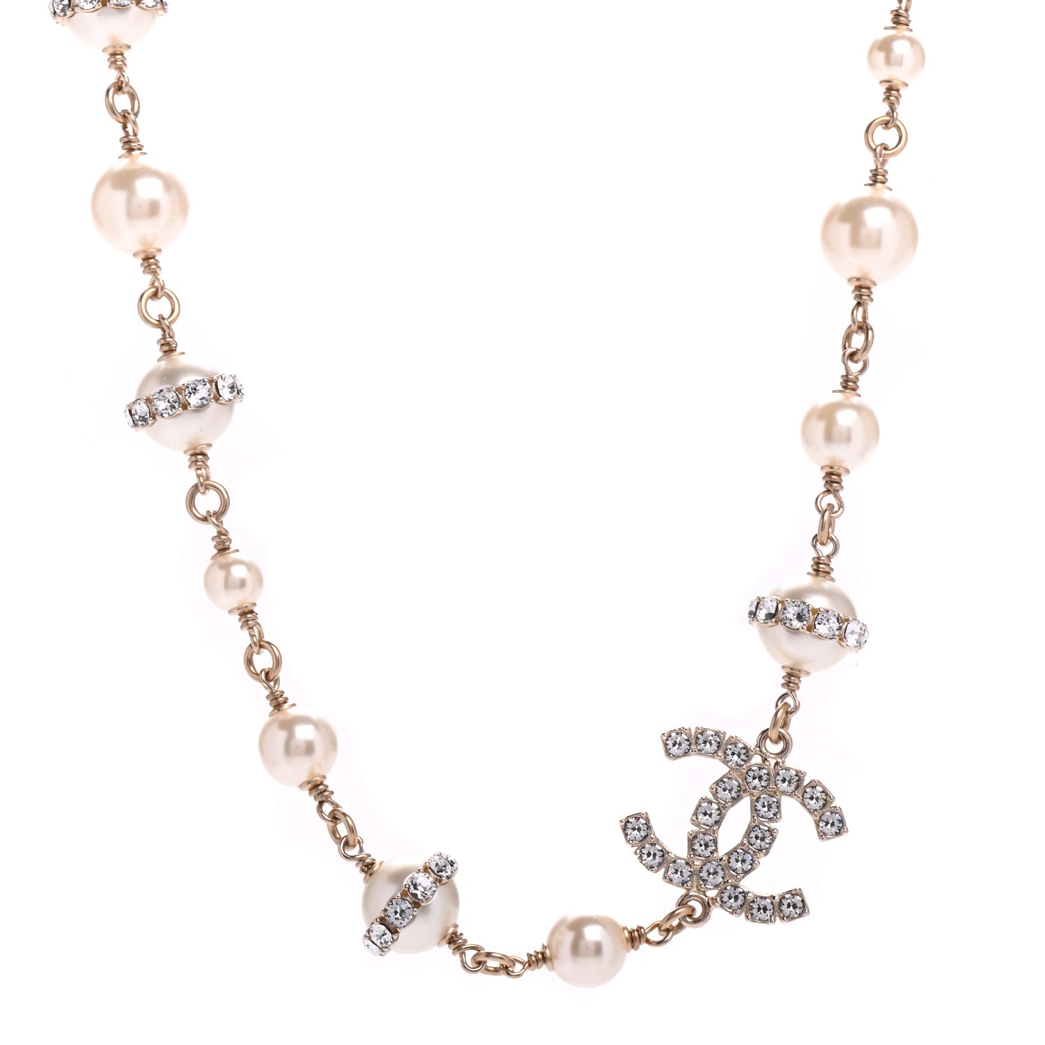 Chanel Crystal Pearl CC Long Necklace Gold 1 of 5