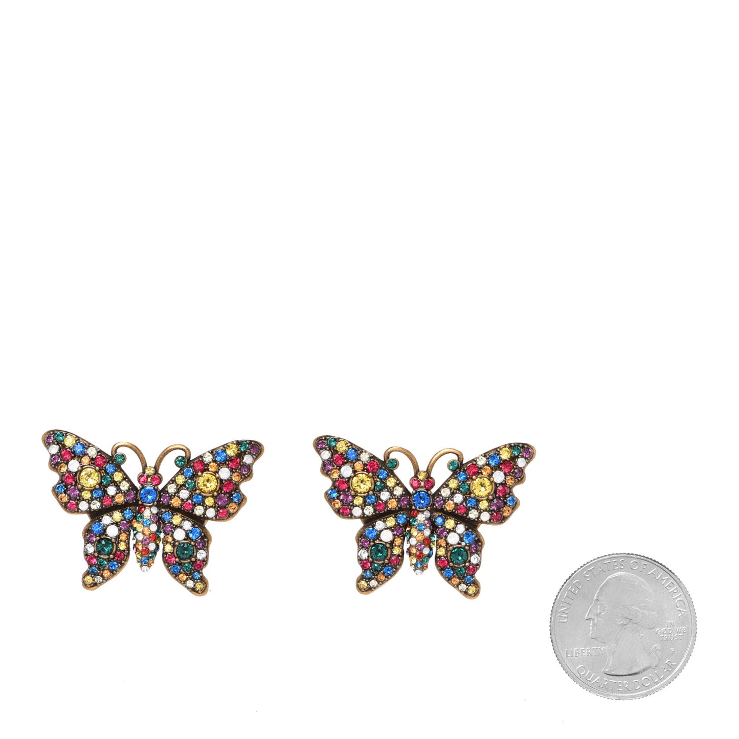 Metal Crystal Butterfly Stud Earrings Aged Gold Multicolor