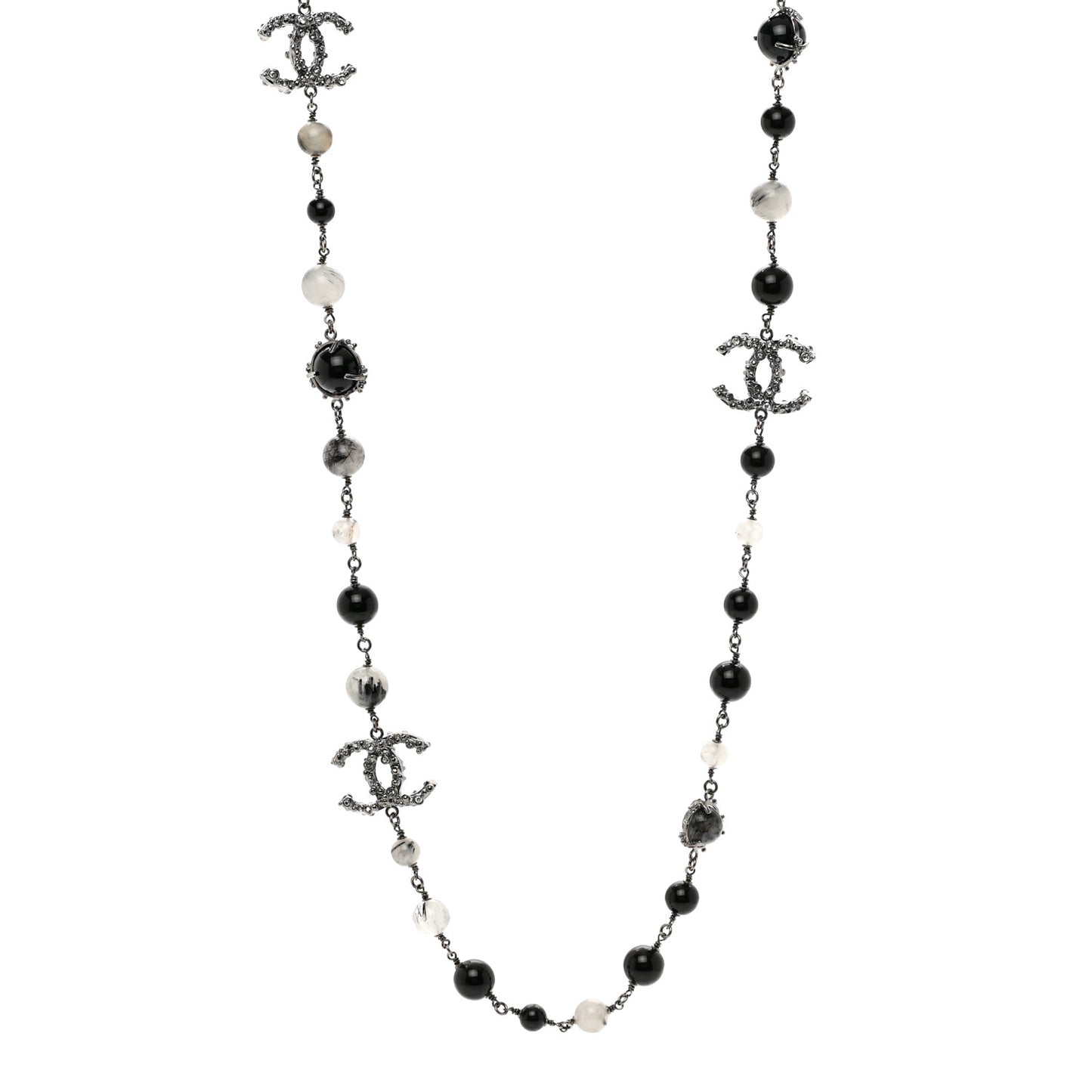 Ruthenium Pearl Beaded CC Long Necklace Black