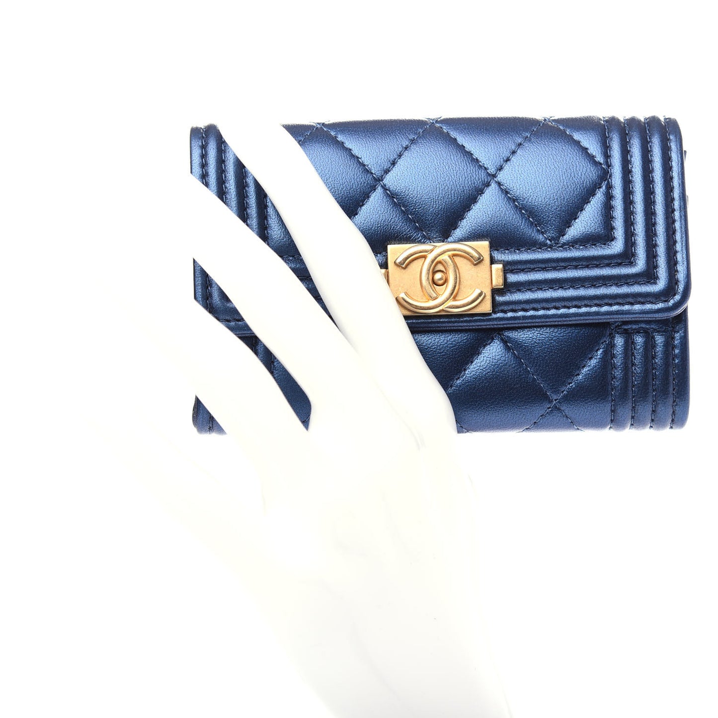 Metallic Lambskin Quilted Boy Flap Card Holder Blue