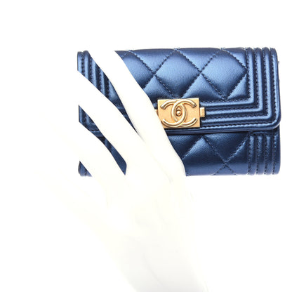 Chanel Metallic Lambskin Quilted Boy Flap Card Holder Blue 2 of 9