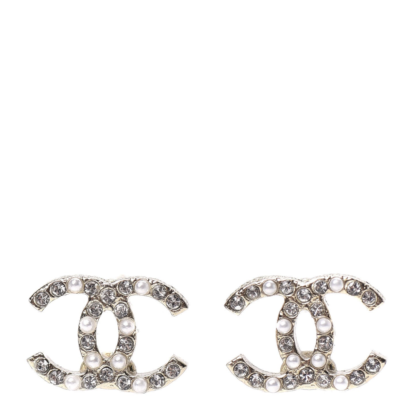 Pearl Crystal CC Stud Earrings Gold