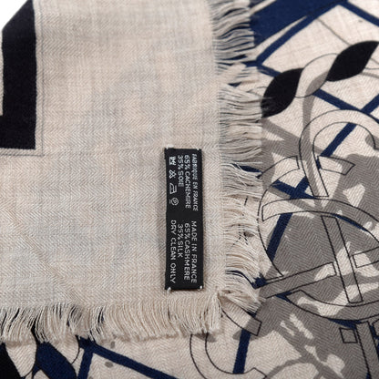 Hermes Cashmere Silk Imprimeur Fou Shawl 140 Naturel Black Bleu De Prusse 2 of 4