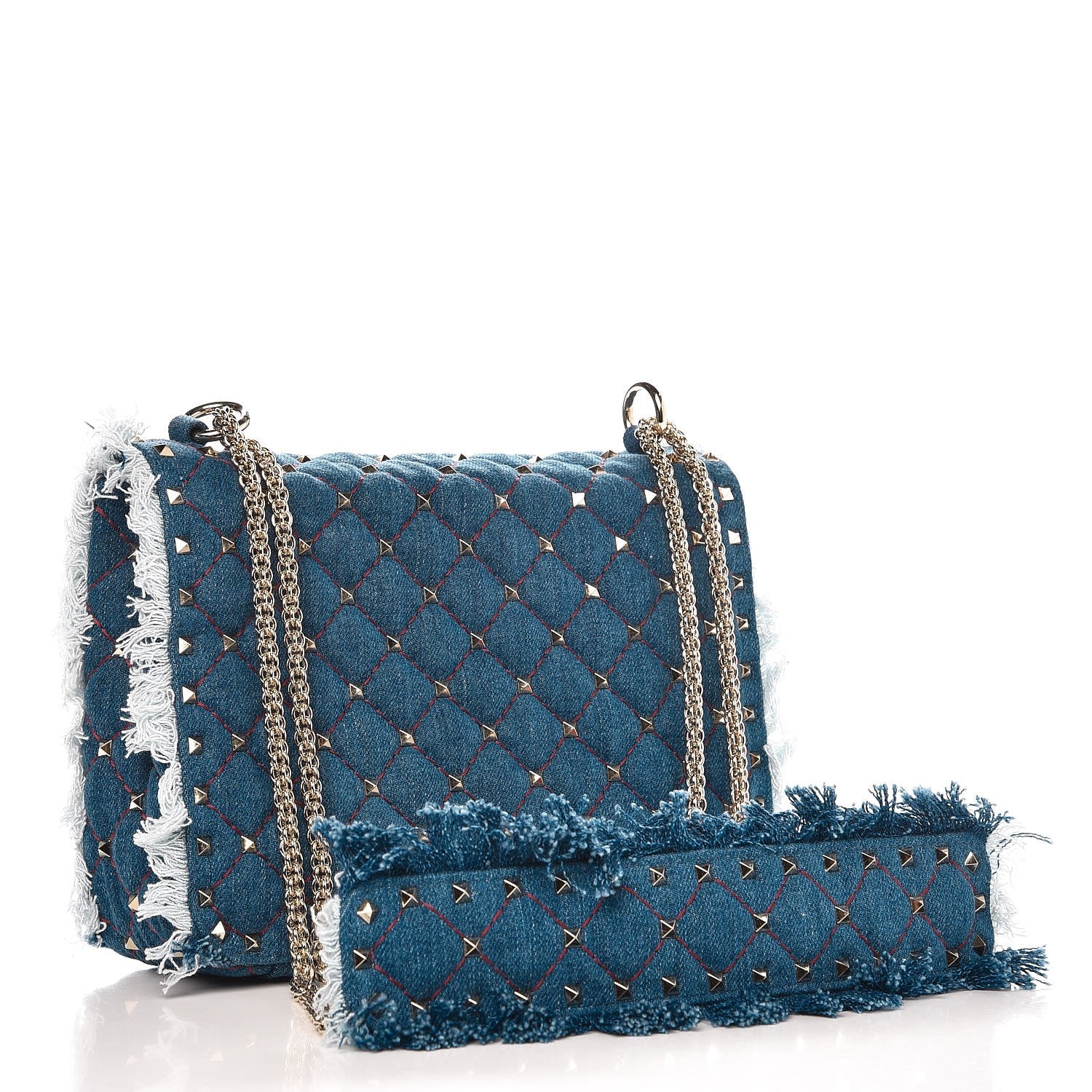 Valentino Garavani Denim Fringe Medium Rockstud Spike Shoulder Bag Blue 3 of 6