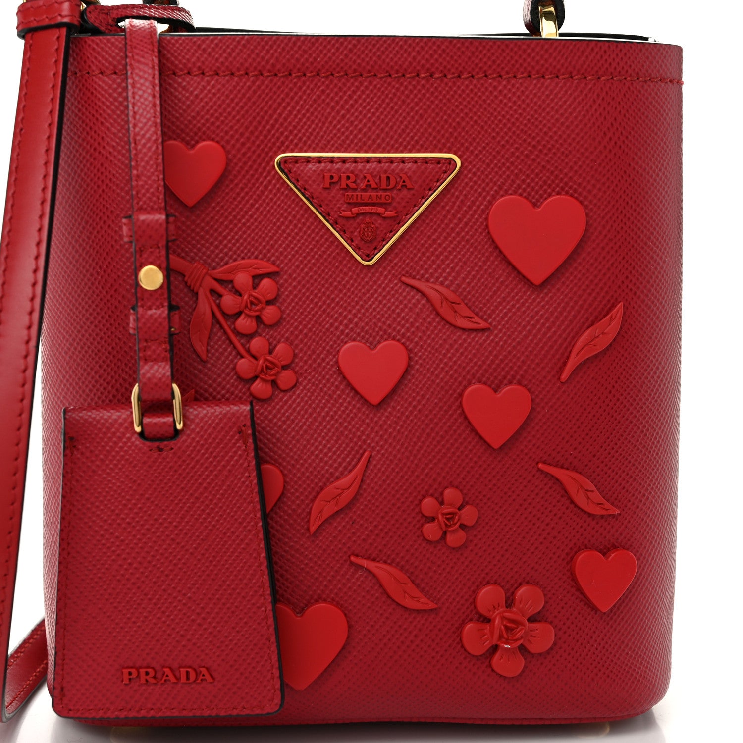 Prada Saffiano Cuir Calfskin Embellished Panier Bucket Bag Fuoco 7 of 9