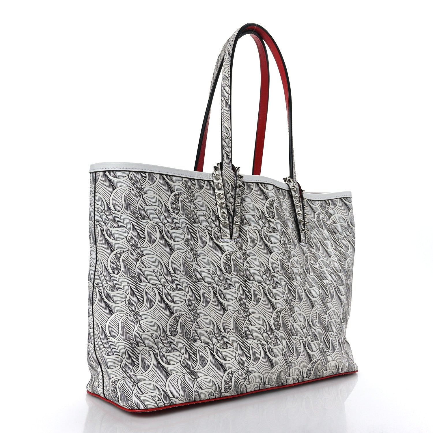 Christian Louboutin Toile Monogram Calfskin Printed Spikes Small East West Cabata Tote White Black White Black 4 of 10