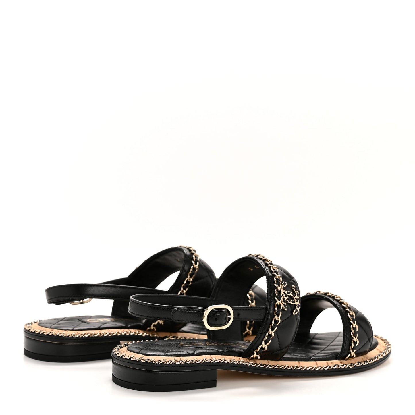 Shiny Lambskin Quilted Chain CC Sandals 36.5 Black
