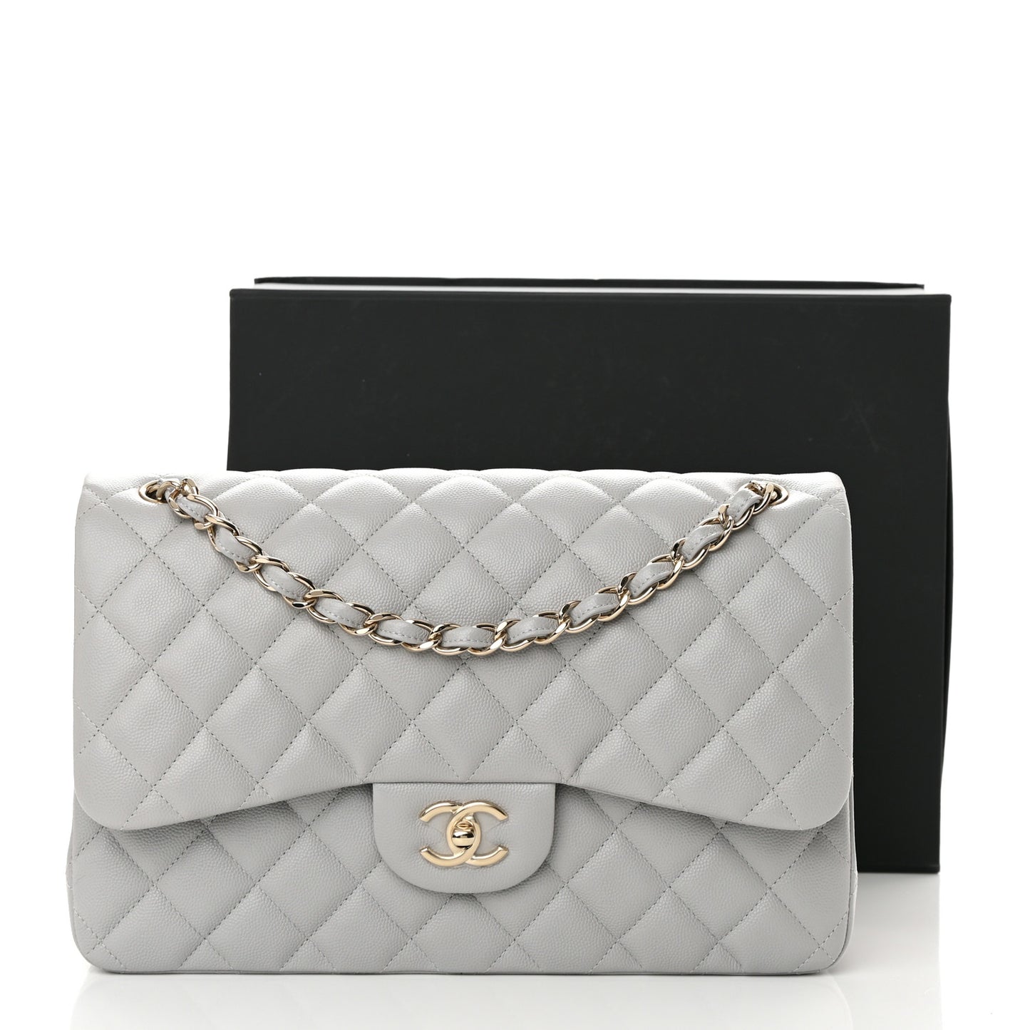 Caviar Quilted Jumbo Double Flap Grey