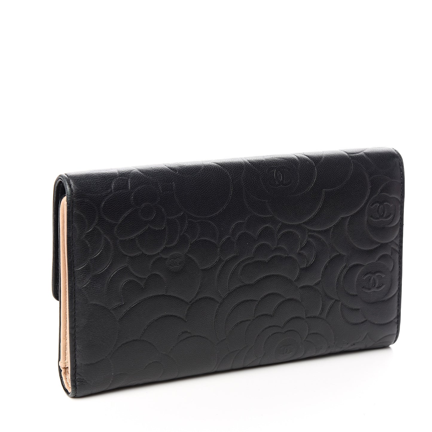 Lambskin Camellia Embossed Large Flap Wallet Black