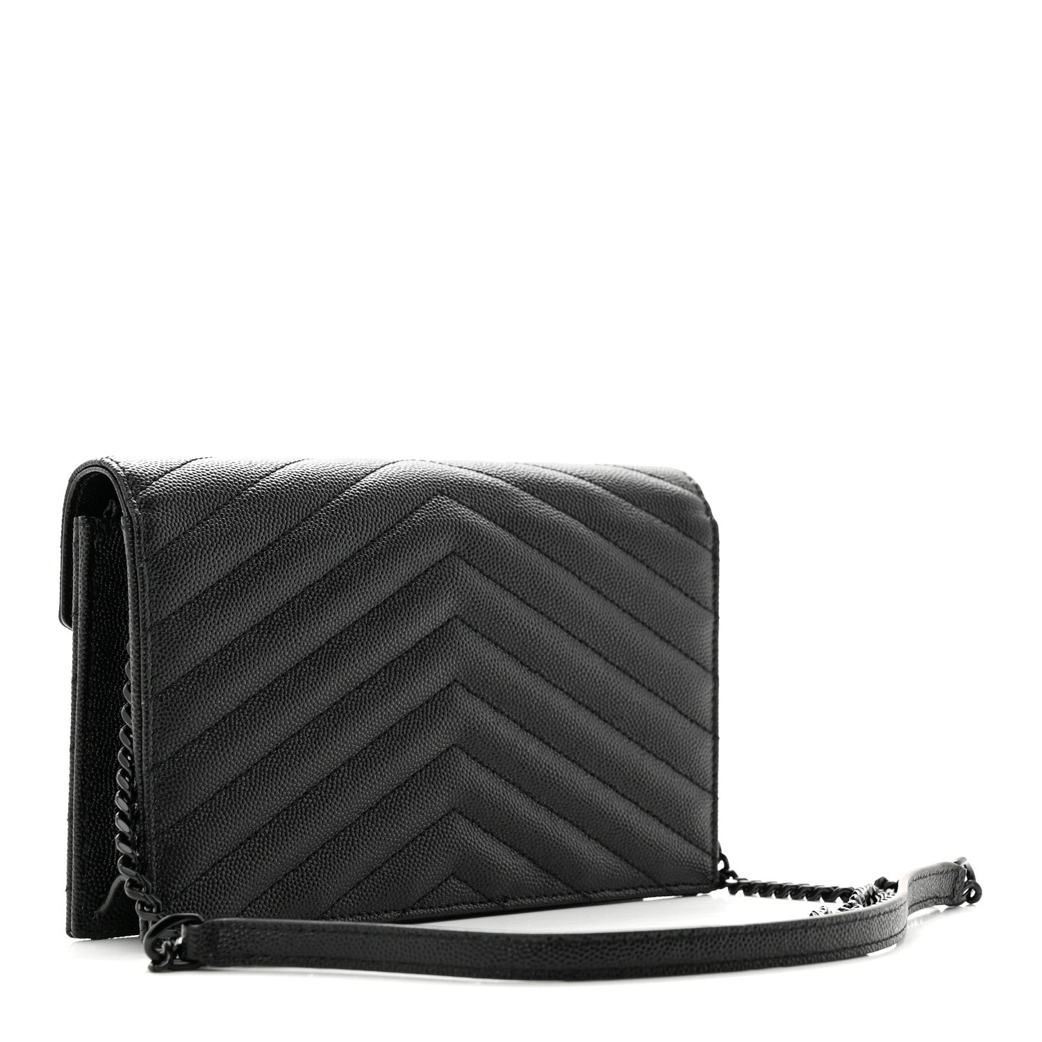 Saint Laurent Grain De Poudre Matelasse Chevron Monochrome Monogam Envelope Chain Wallet Black 3 of 11