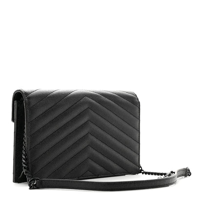 Saint Laurent Grain De Poudre Matelasse Chevron Monochrome Monogam Envelope Chain Wallet Black 3 of 11