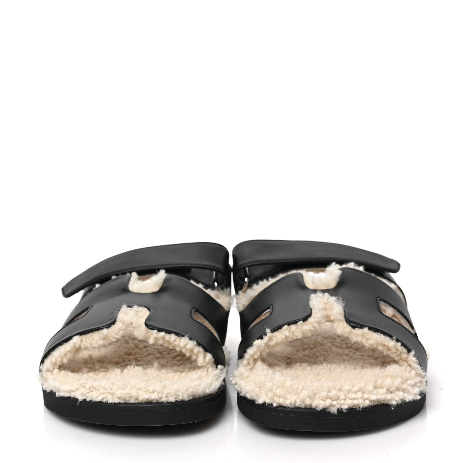 Hermes Calfskin Woolskin Womens Chypre Sandals 40 Black Ecru 2 of 7