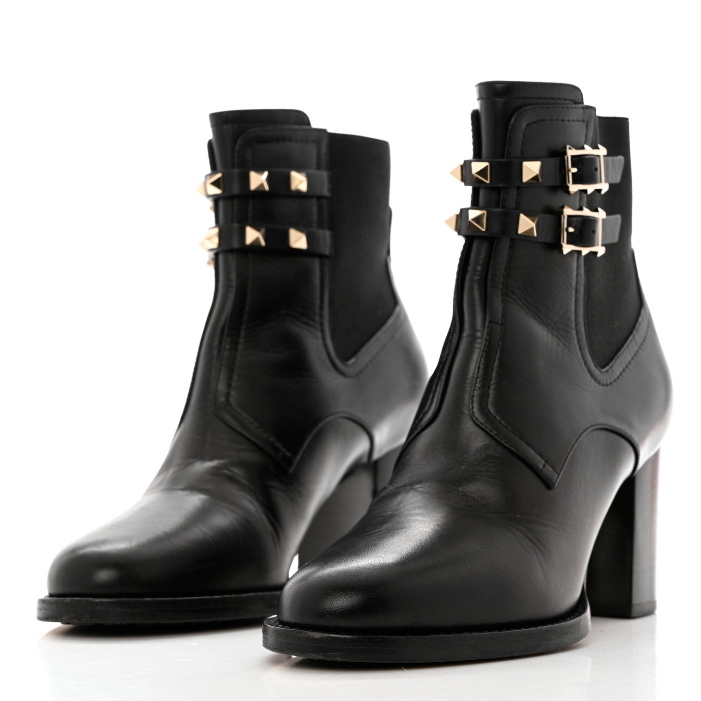 Calfskin Rockstud Double Buckle Beatle Chelsea 70mm Ankle Boots 38 Black