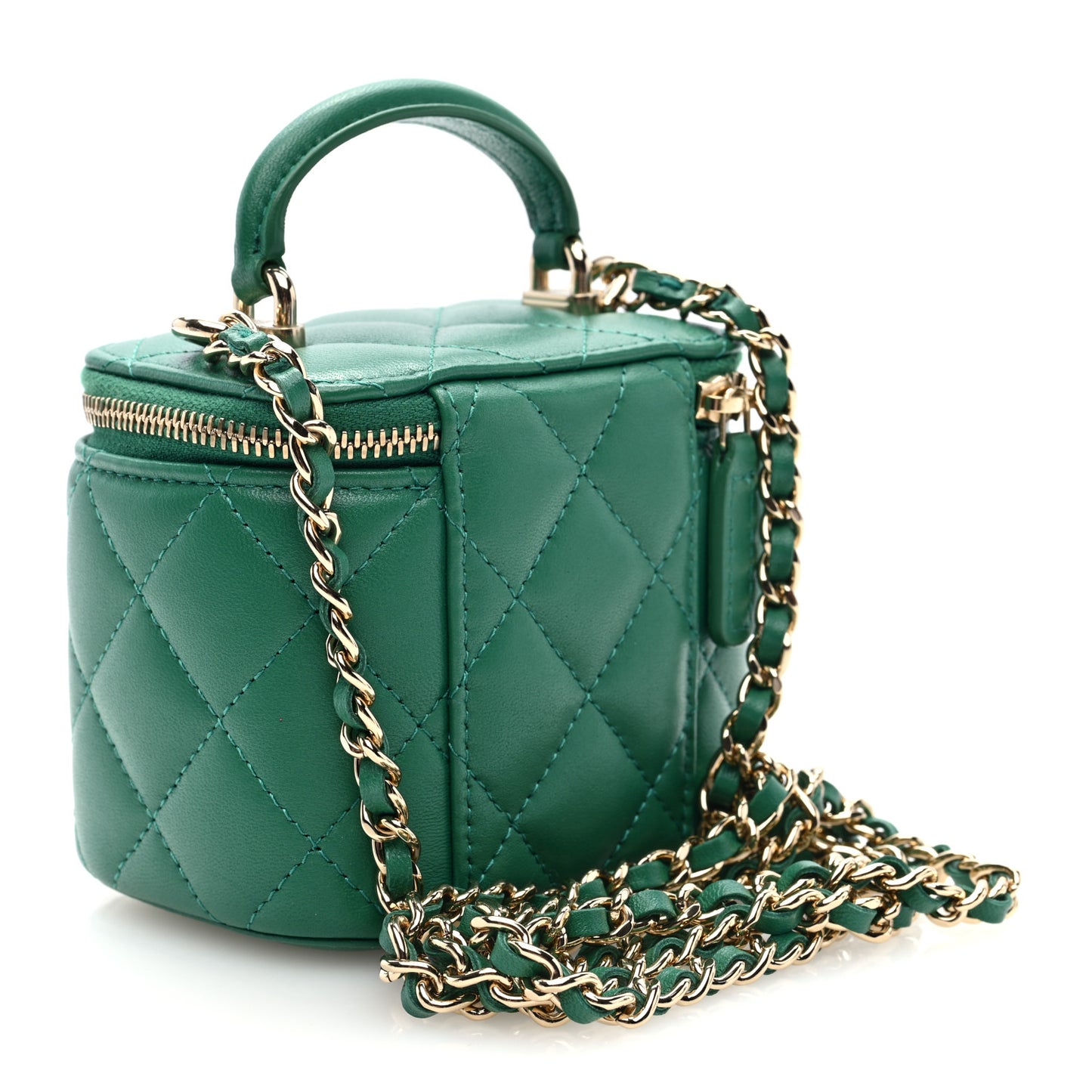 Lambskin Quilted Top Handle Mini Vanity Case With Chain Green