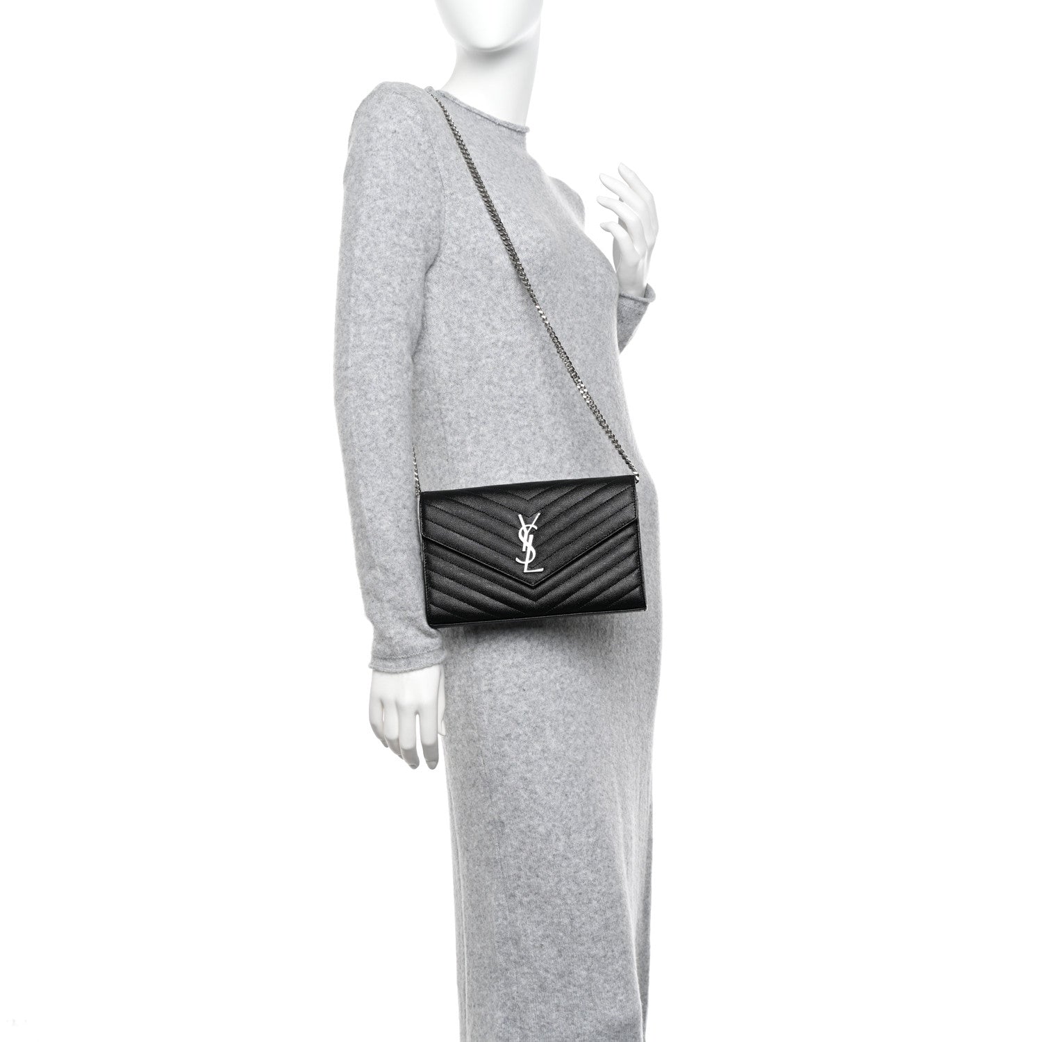 Saint Laurent Grain De Poudre Matelasse Chevron Monogram Chain Wallet Black 2 of 12