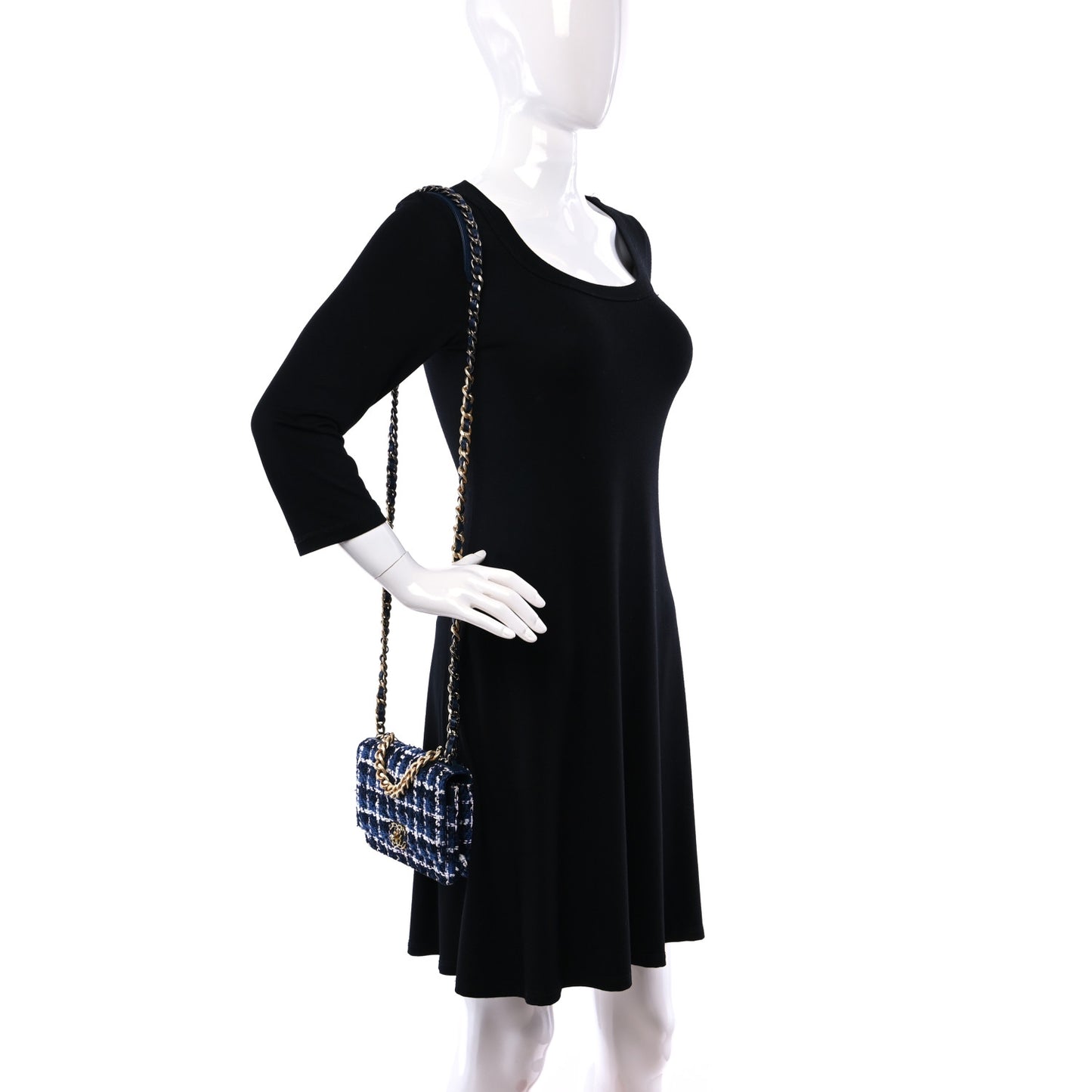 Tweed Quilted Chanel 19 Wallet On Chain WOC Blue White Navy Blue