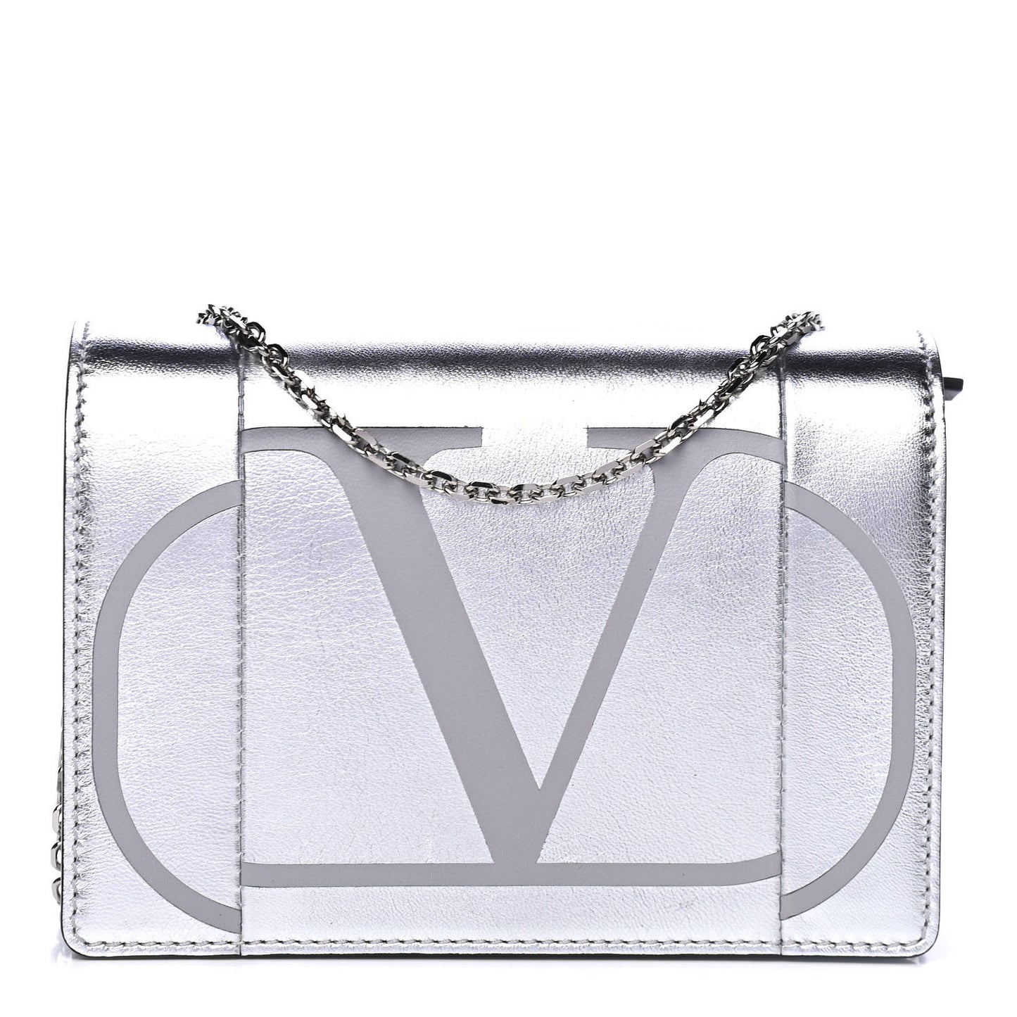 Metallic Calfskin Go Logo Wallet on Chain Silver