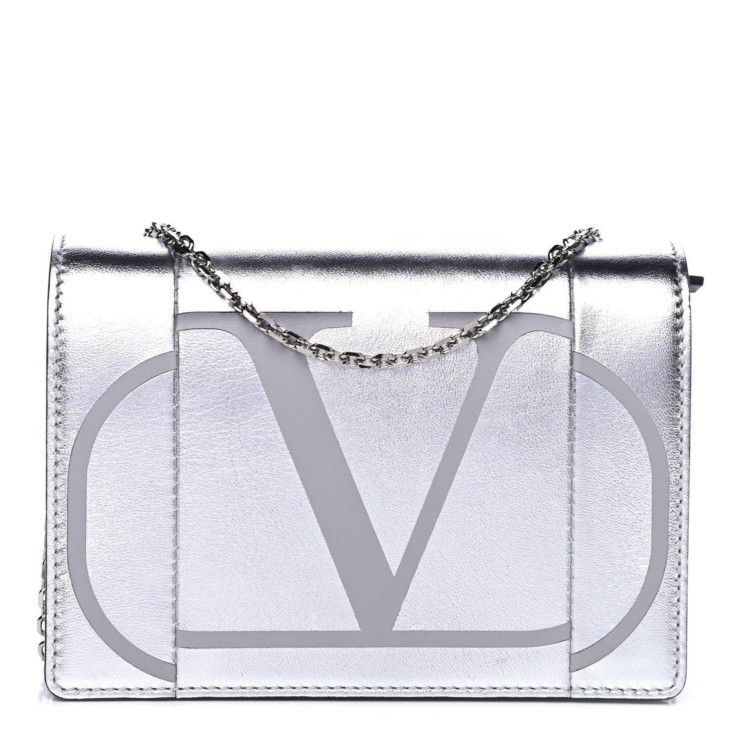 Valentino Garavani Metallic Calfskin Go Logo Wallet on Chain Silver 1 of 4