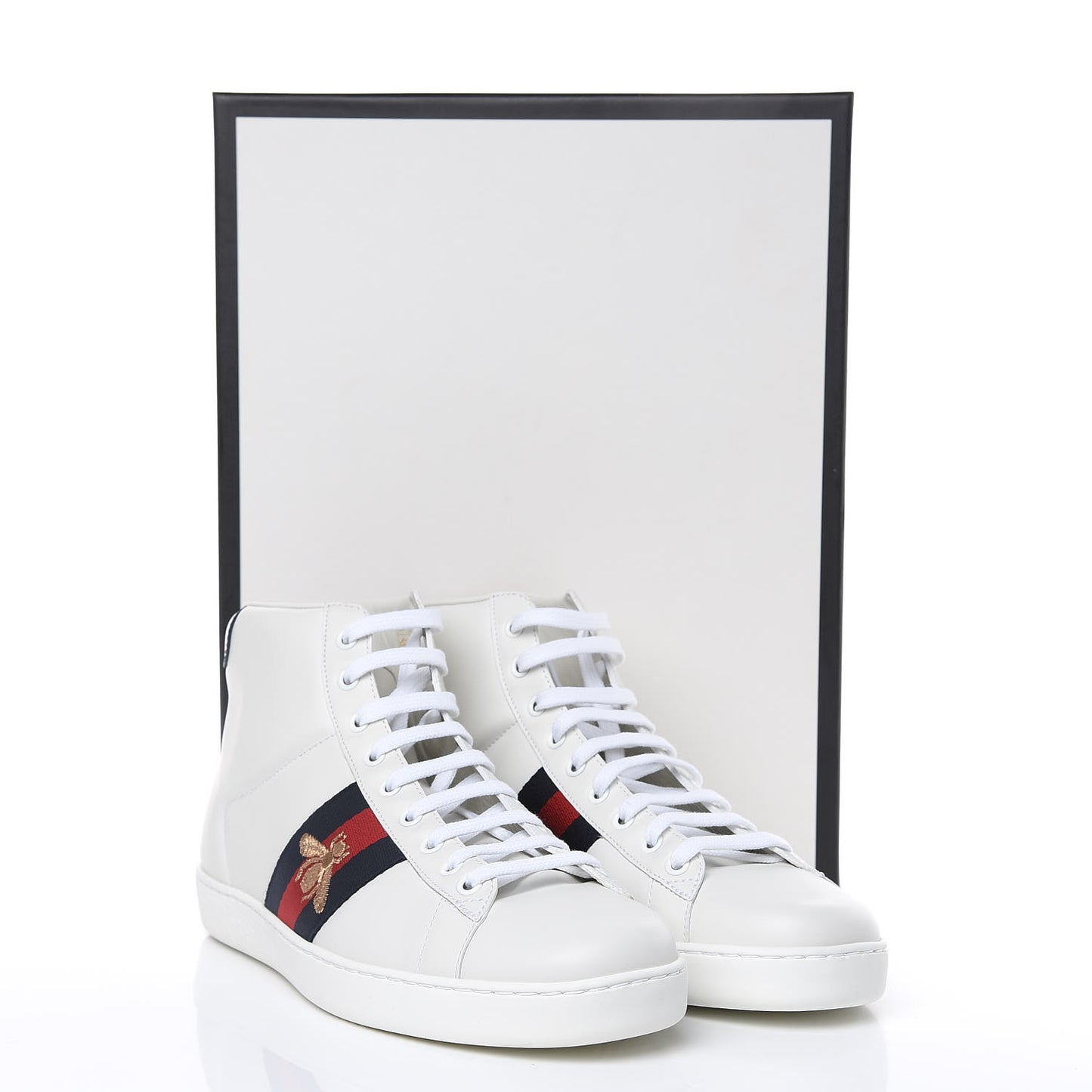 Calfskin Miro Soft Web Bee Embroidered Mens Ace High Top Sneakers 9 White