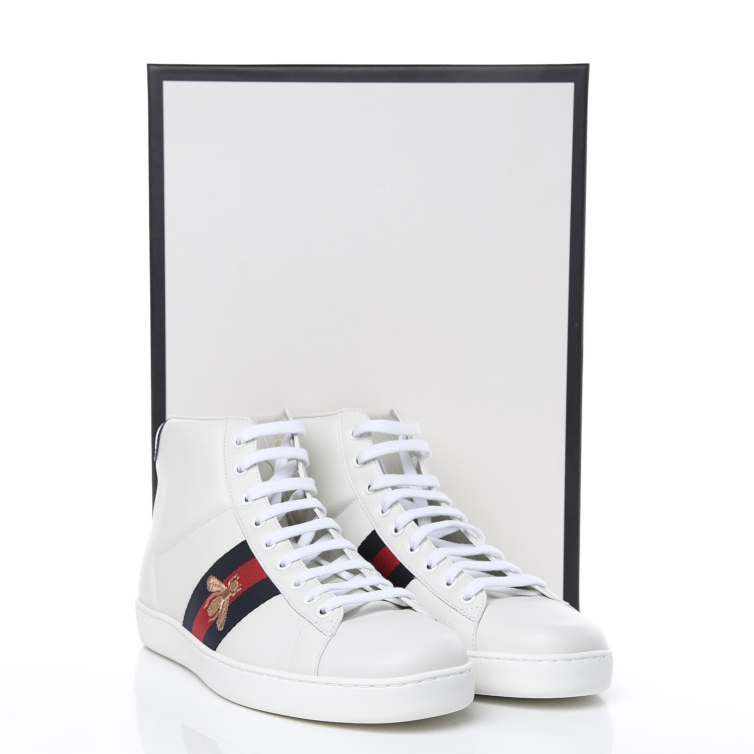 Gucci Calfskin Miro Soft Web Bee Embroidered Mens Ace High Top Sneakers 9 White 9 of 9