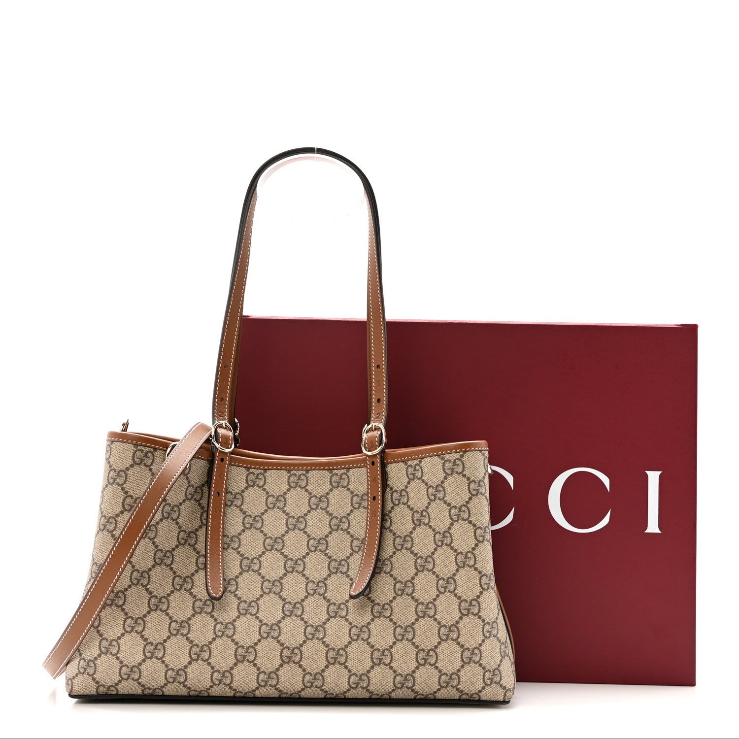 Gucci GG Supreme Monogram Emblem Medium Tote Bag Beige Dark Brown