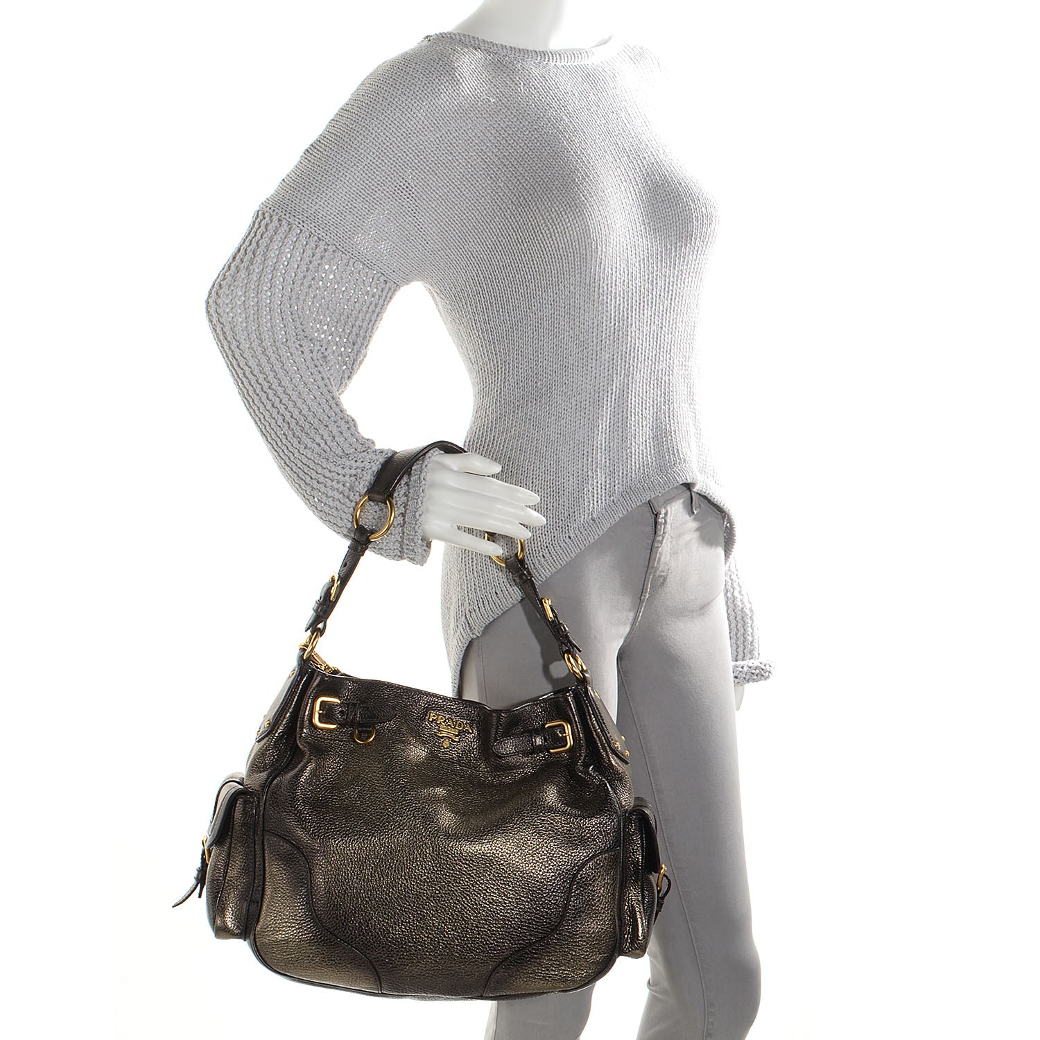 Prada Vitello Daino Side Pocket Hobo Silver 2 of 10