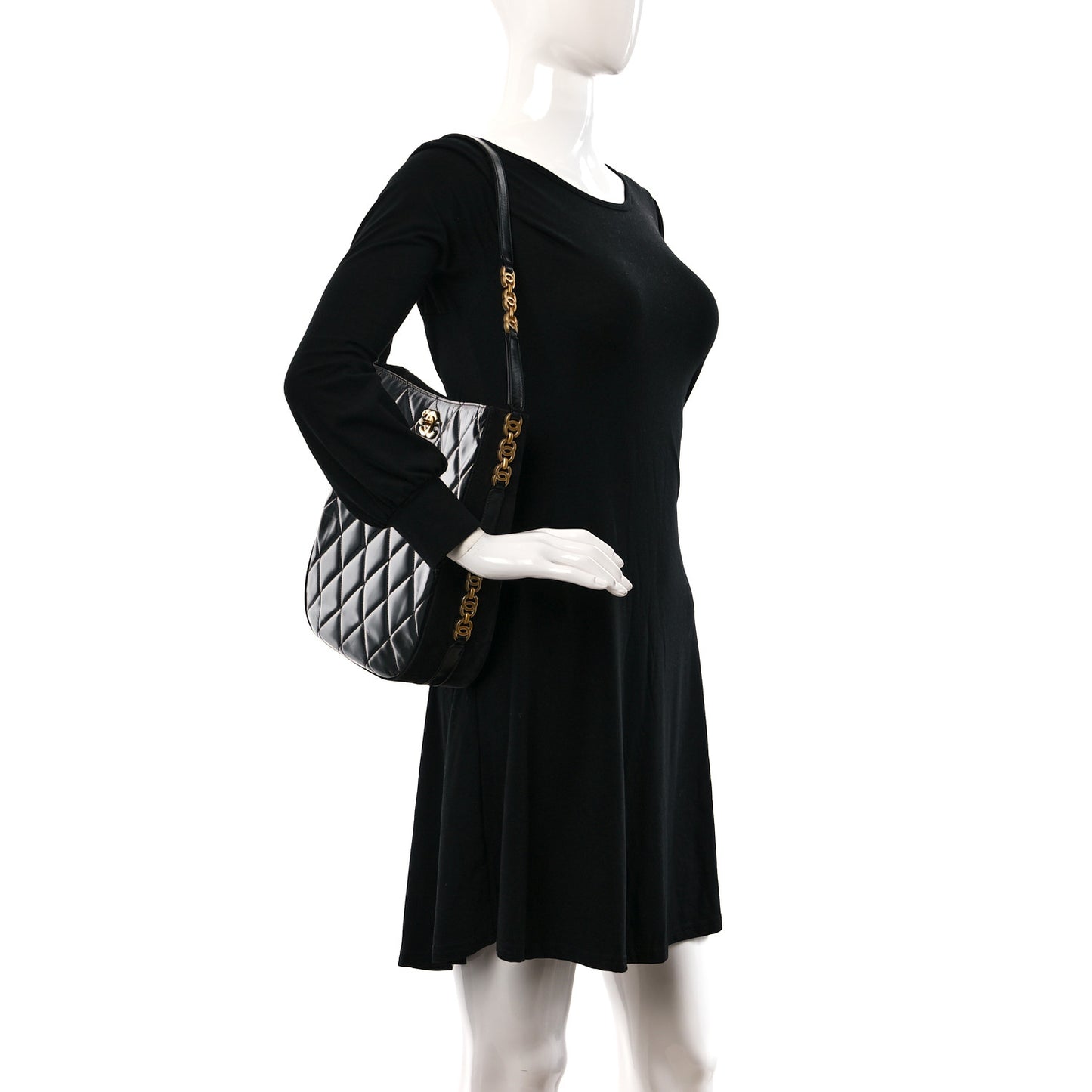 Shiny Calfskin Suede Goatskin Quilted Hobo Black