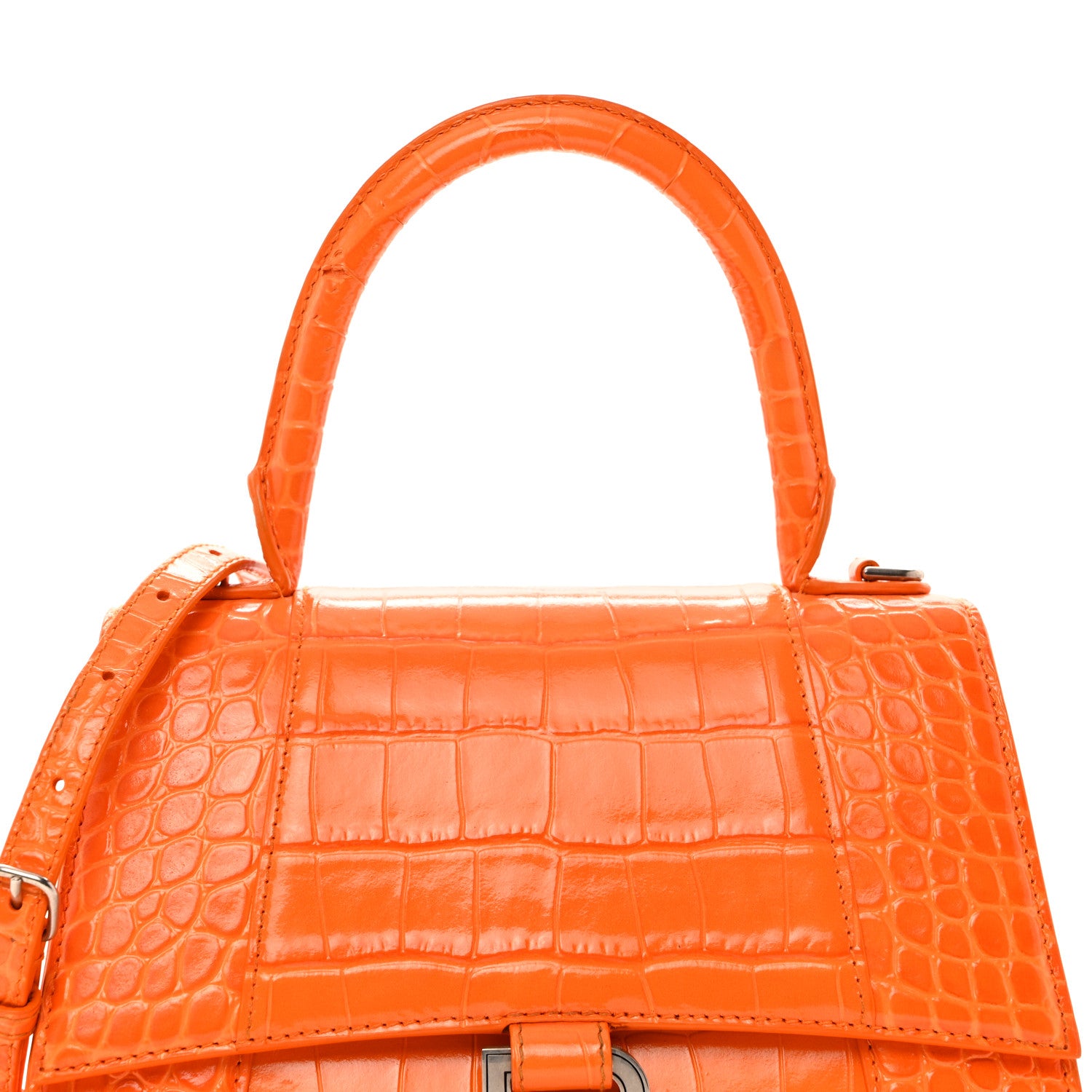Balenciaga Shiny Calfskin Crocodile Embossed Small Hourglass Top Handle Bag Pop Orange 9 of 13