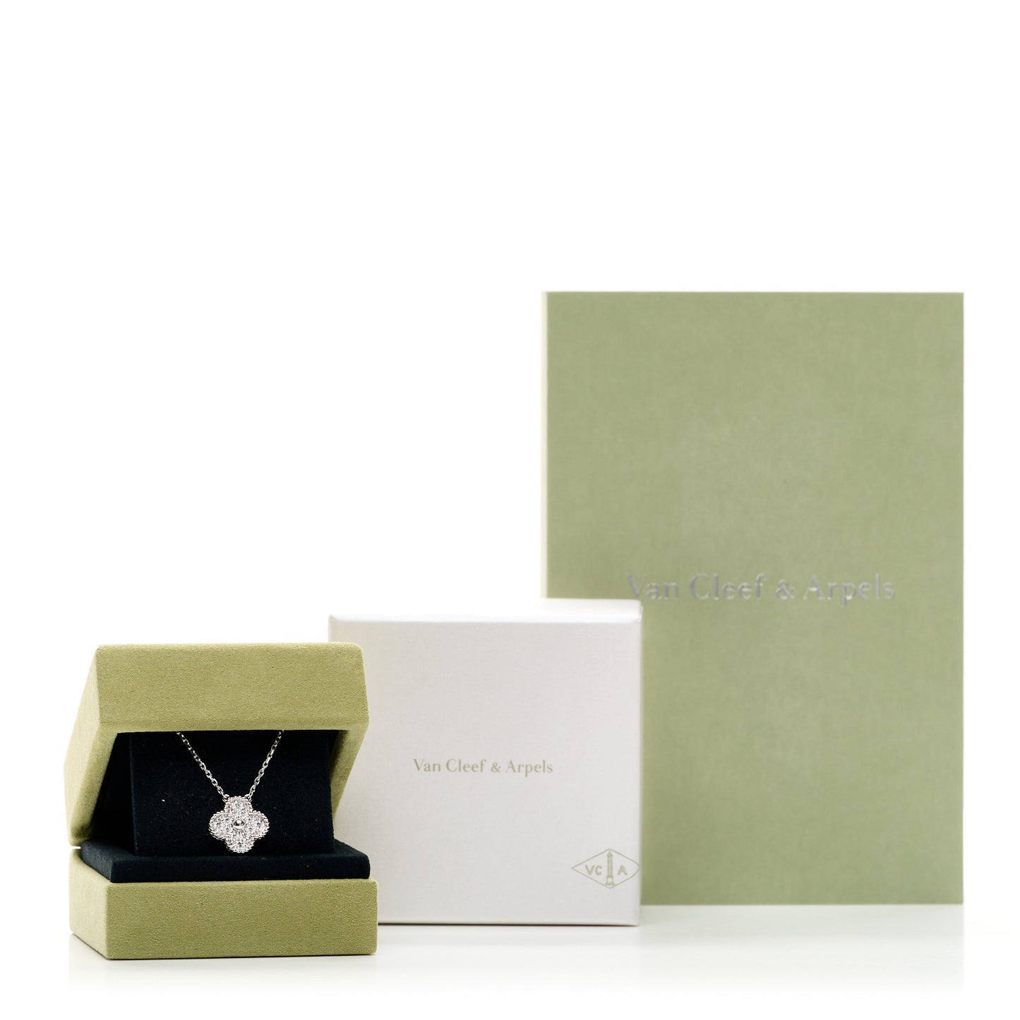 18K White Gold Diamond Vintage Alhambra Pendant Necklace