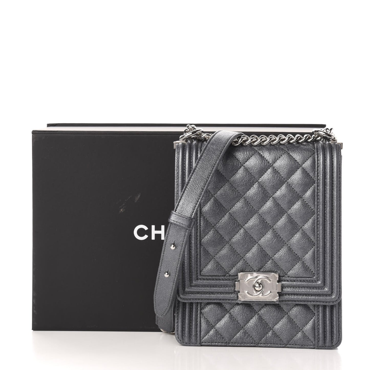 Iridescent Caviar Quilted North South Boy Flap Silver