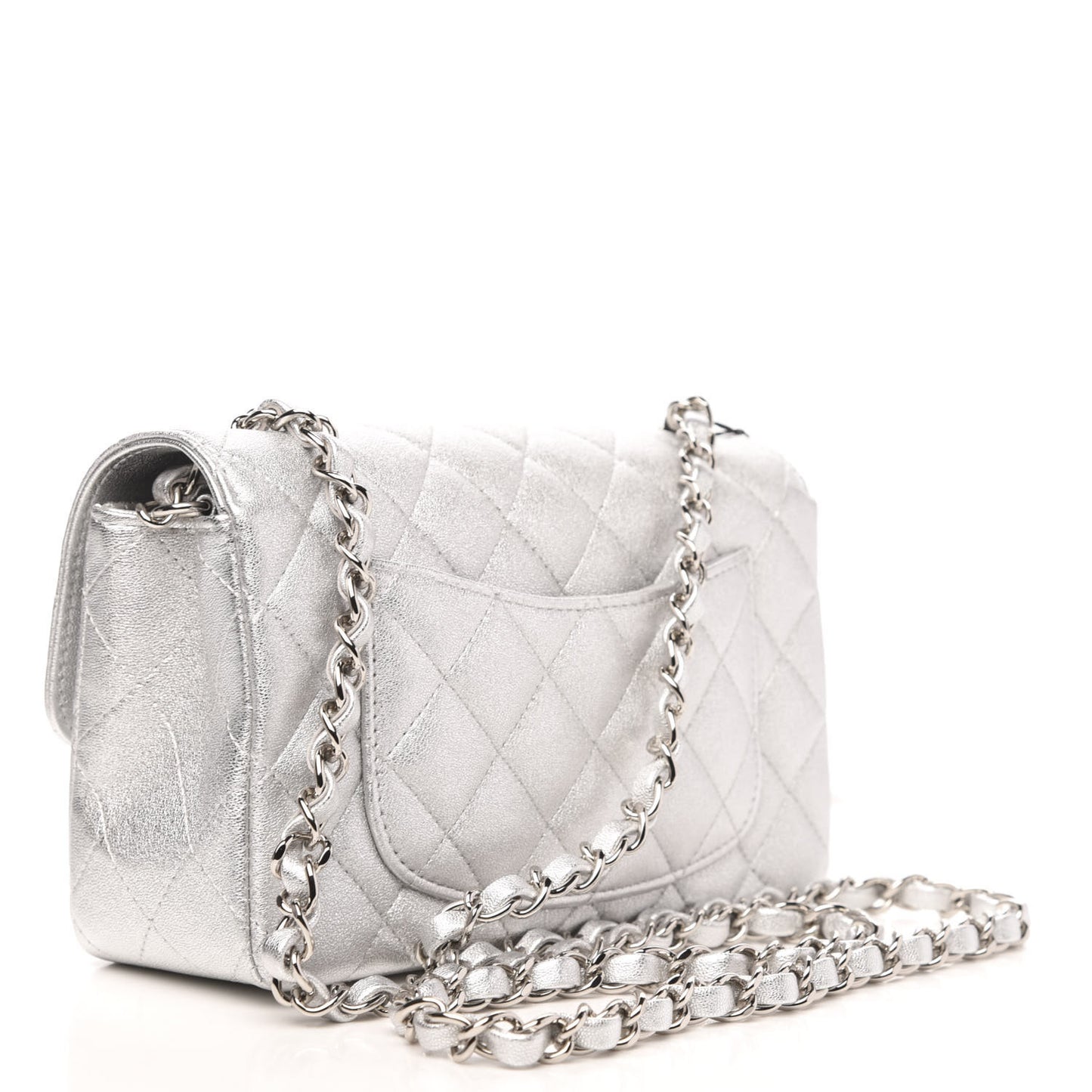 Metallic Lambskin Quilted Mini Rectangular Flap Silver