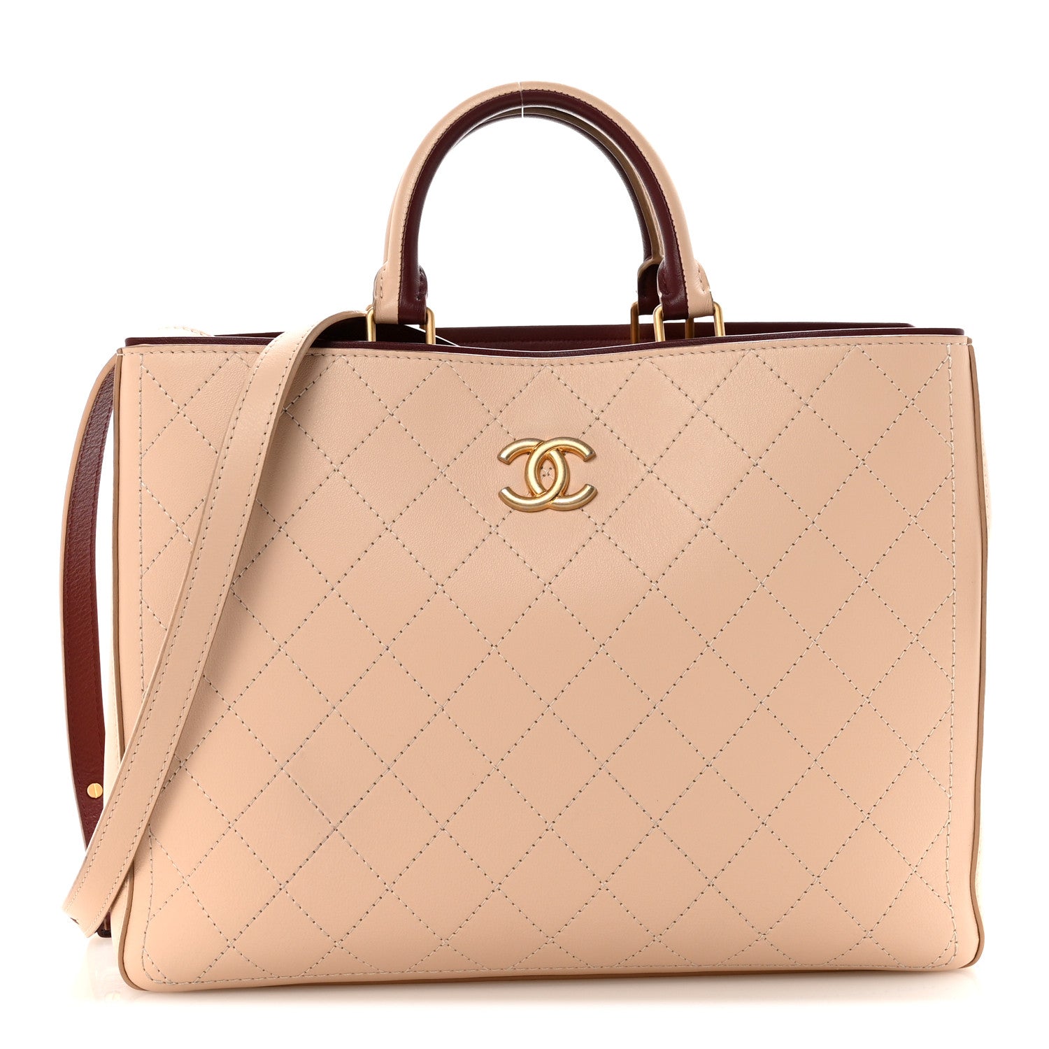 Chanel Bullskin Stitched Bi-Color Large Shopping Tote Beige Burgundy 1 of 10