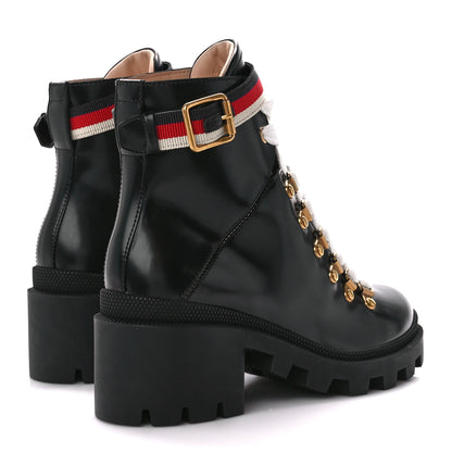 Gucci Calfskin Sylvie Web Lace Up Combat Boots 35 Black 4 of 10