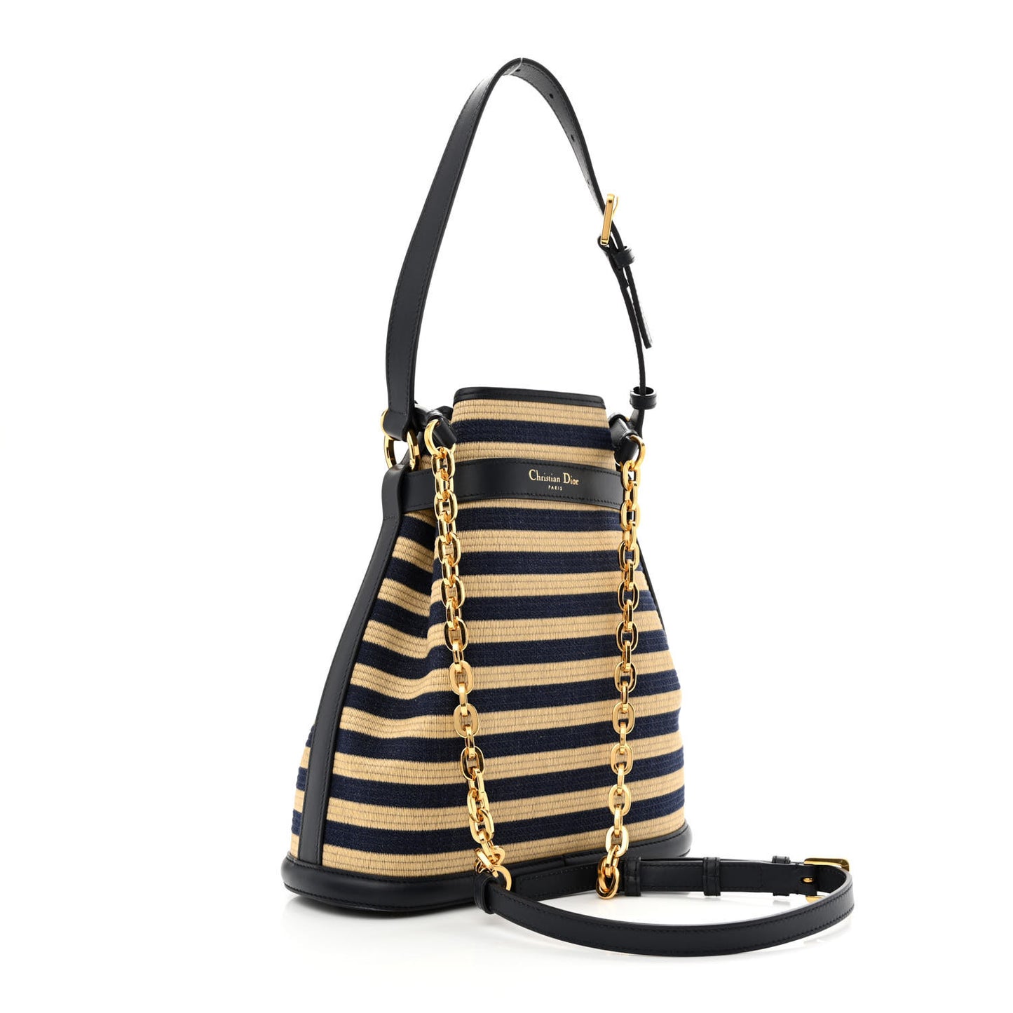 Raffia Medium C'est Chain Bucket Bag Natural Denim Blue