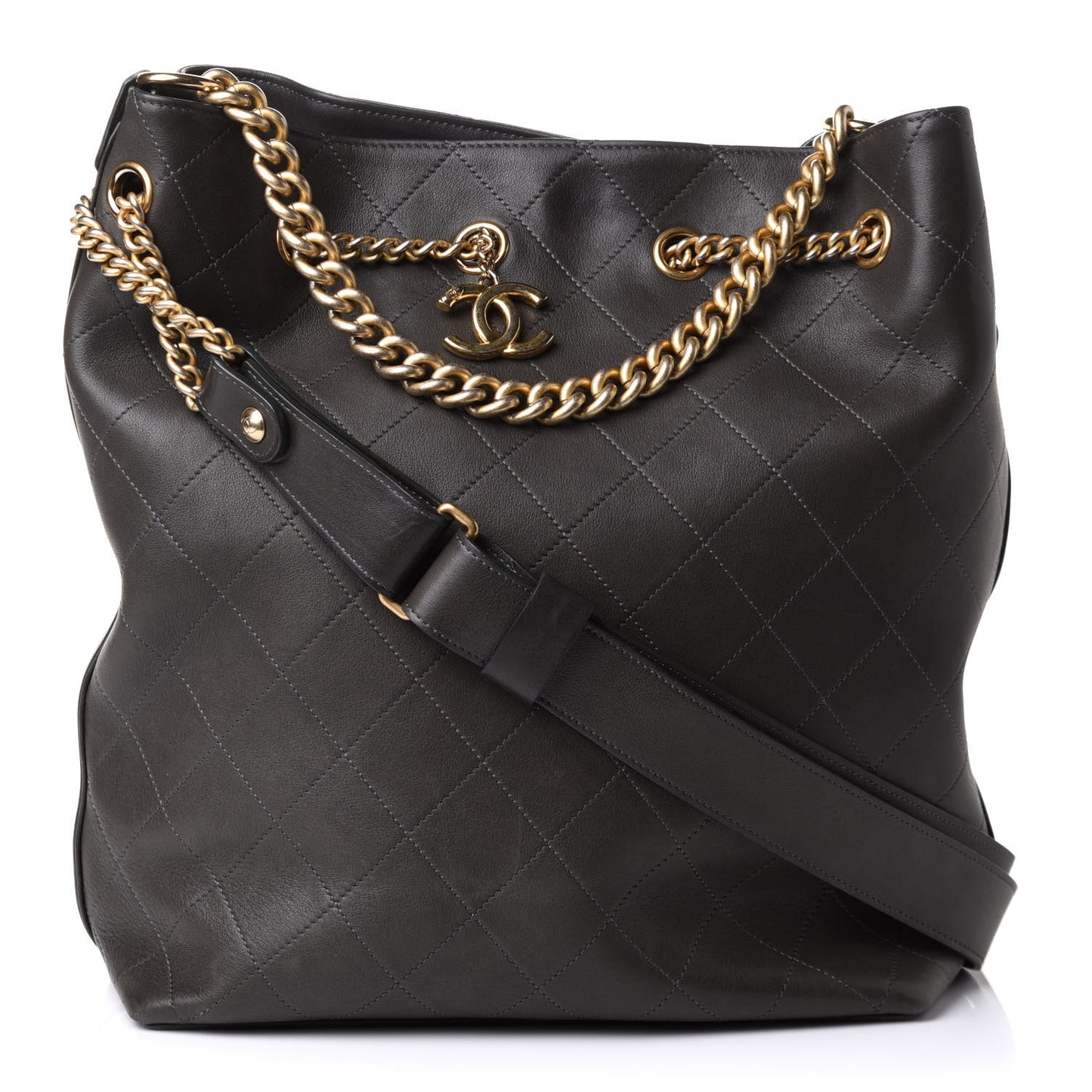 Calfskin Quilted Small On My Shoulder Drawstring Bag Dark Green