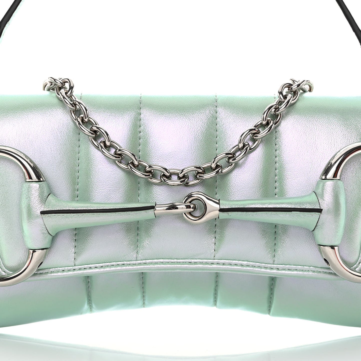 Iridescent Nappa Vertical Matelasse Medium Maxi Horsebit Chain Shoulder Bag Iridescent Salvy Green